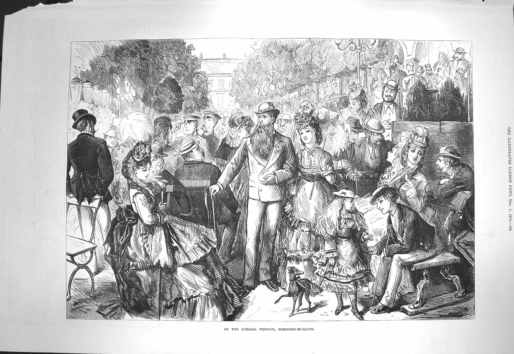 Original Old Antique Print 1871 Scene Kursaal Terrace Hombourg-Es-Monts People