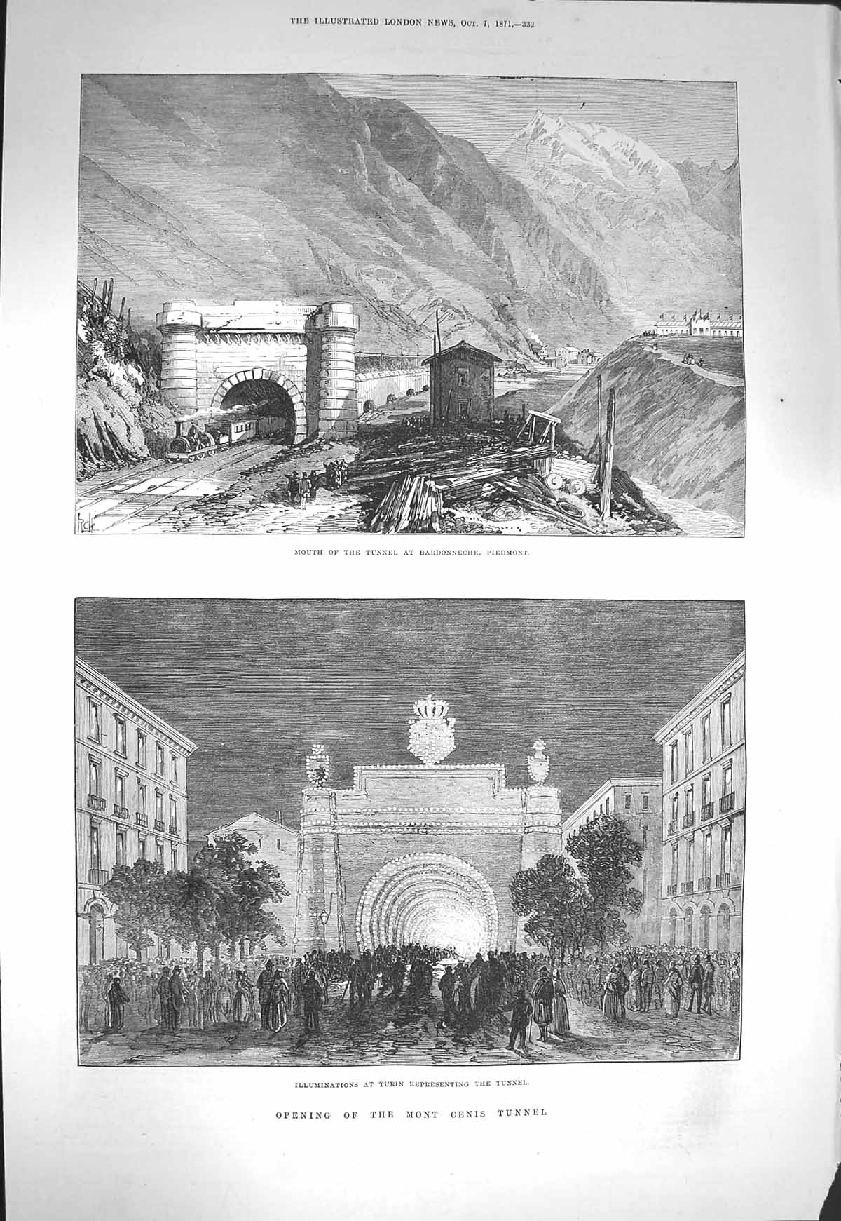 Original Old Antique Print 1871 Tunnel Bardonneche Piedmont Mont Cenis Railway