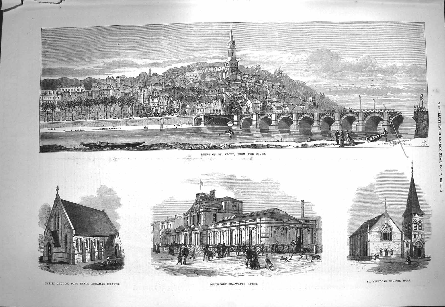 Old Antique Print 1871 Ruins St. Cloud Southport Nicholas Church Andaman 19th