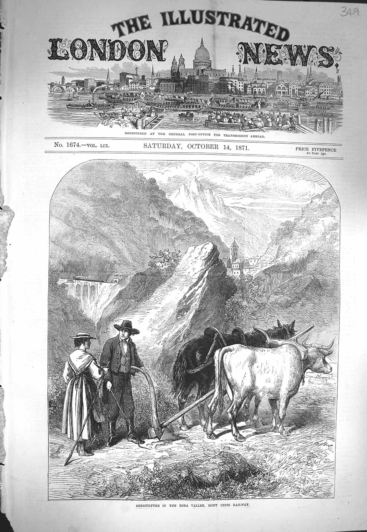 Old Antique Print 1871 Agriculture Dora Valley Mont Cenis Railway Bullock 19th