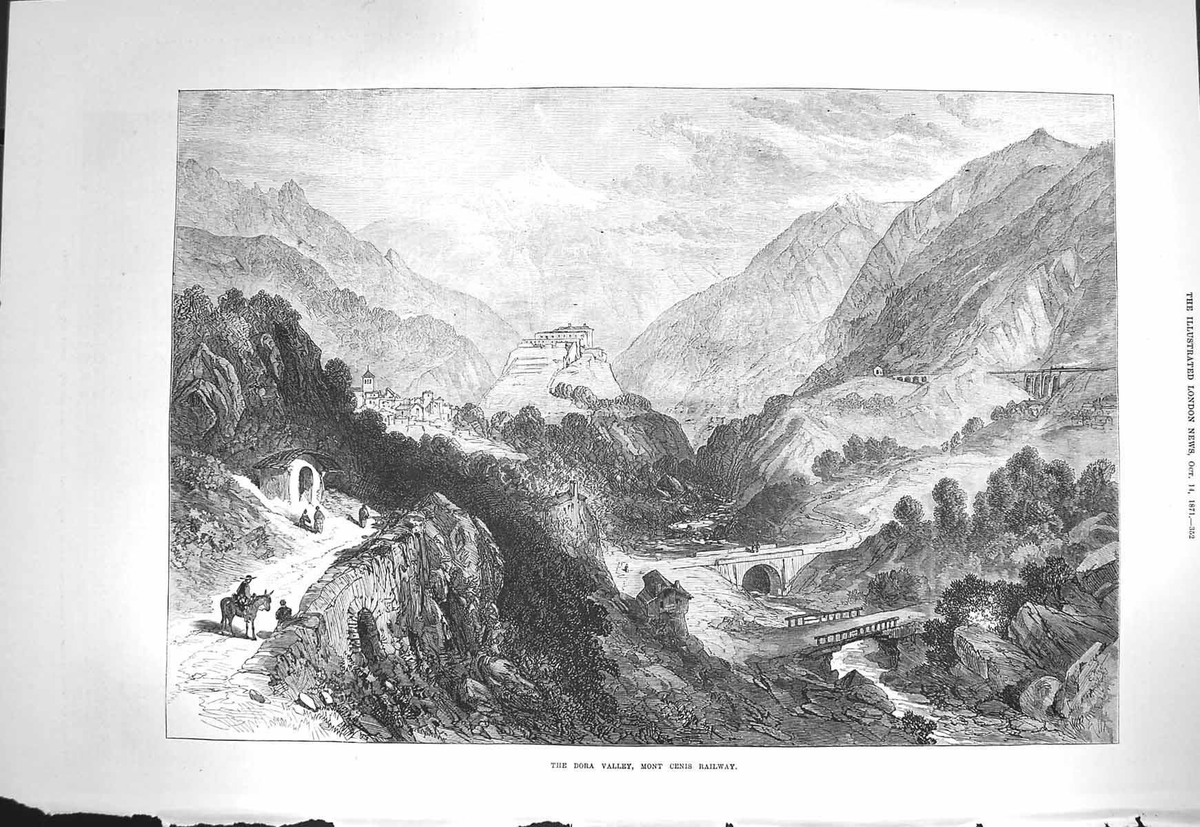 Original Old Antique Print 1871 Dora Valley Mont Cenis Railway Mountains Train