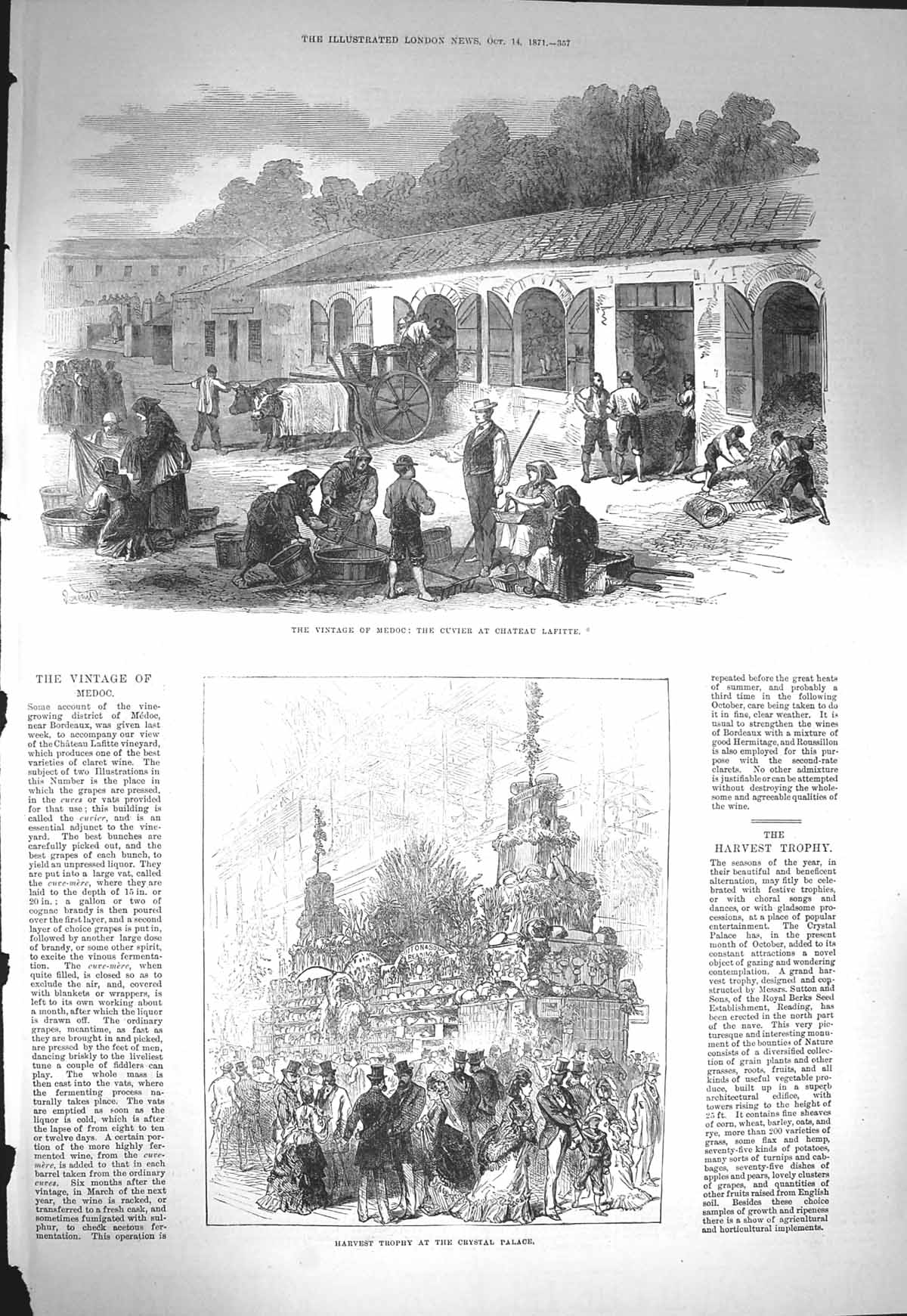 Original Old Antique Print 1871 Wine Medoc Chateau Lafitte Harvest Crystal 19th