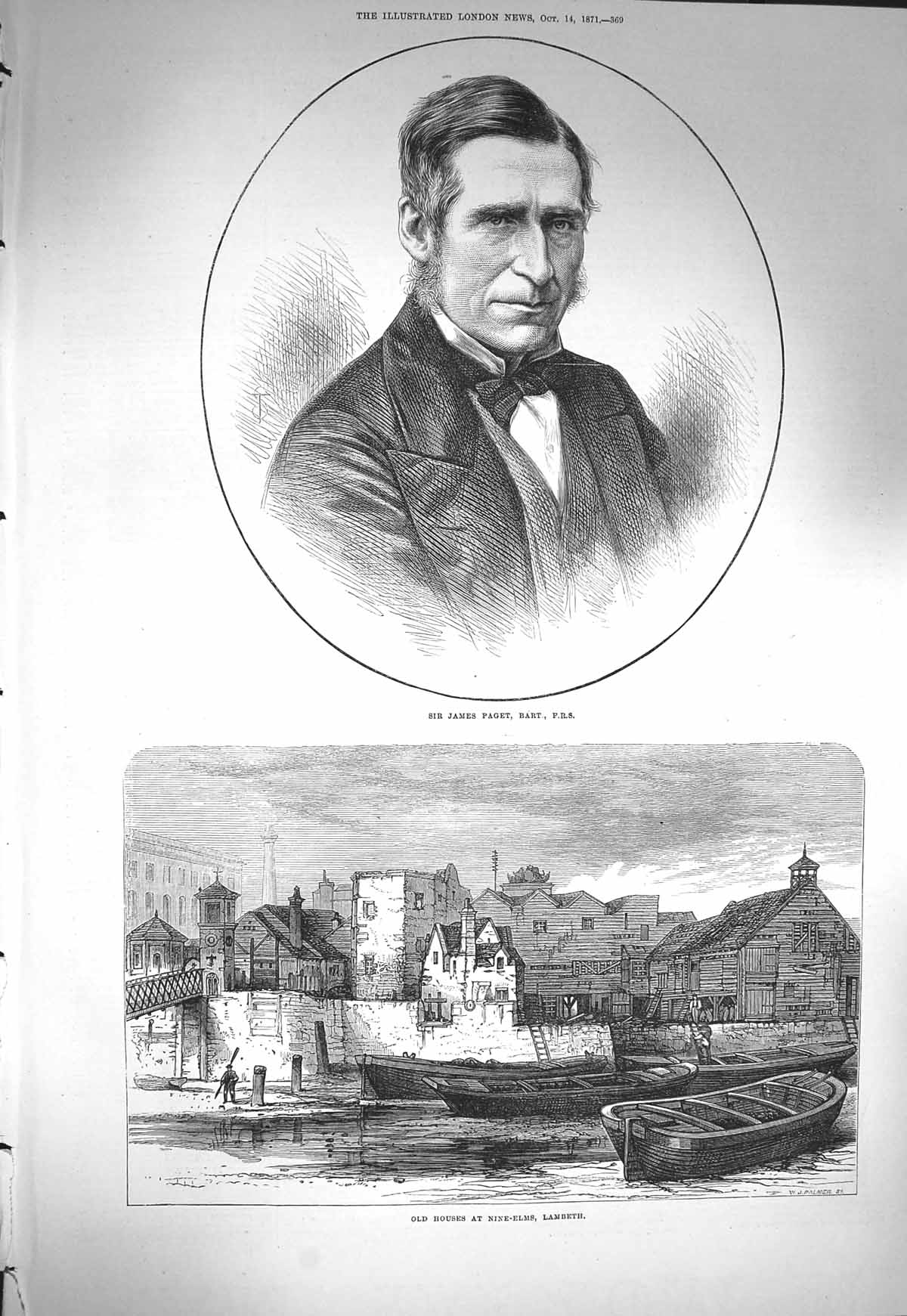 Original Old Antique Print 1871 Sir James Paget Houses Nine-Elms Lambeth Boats
