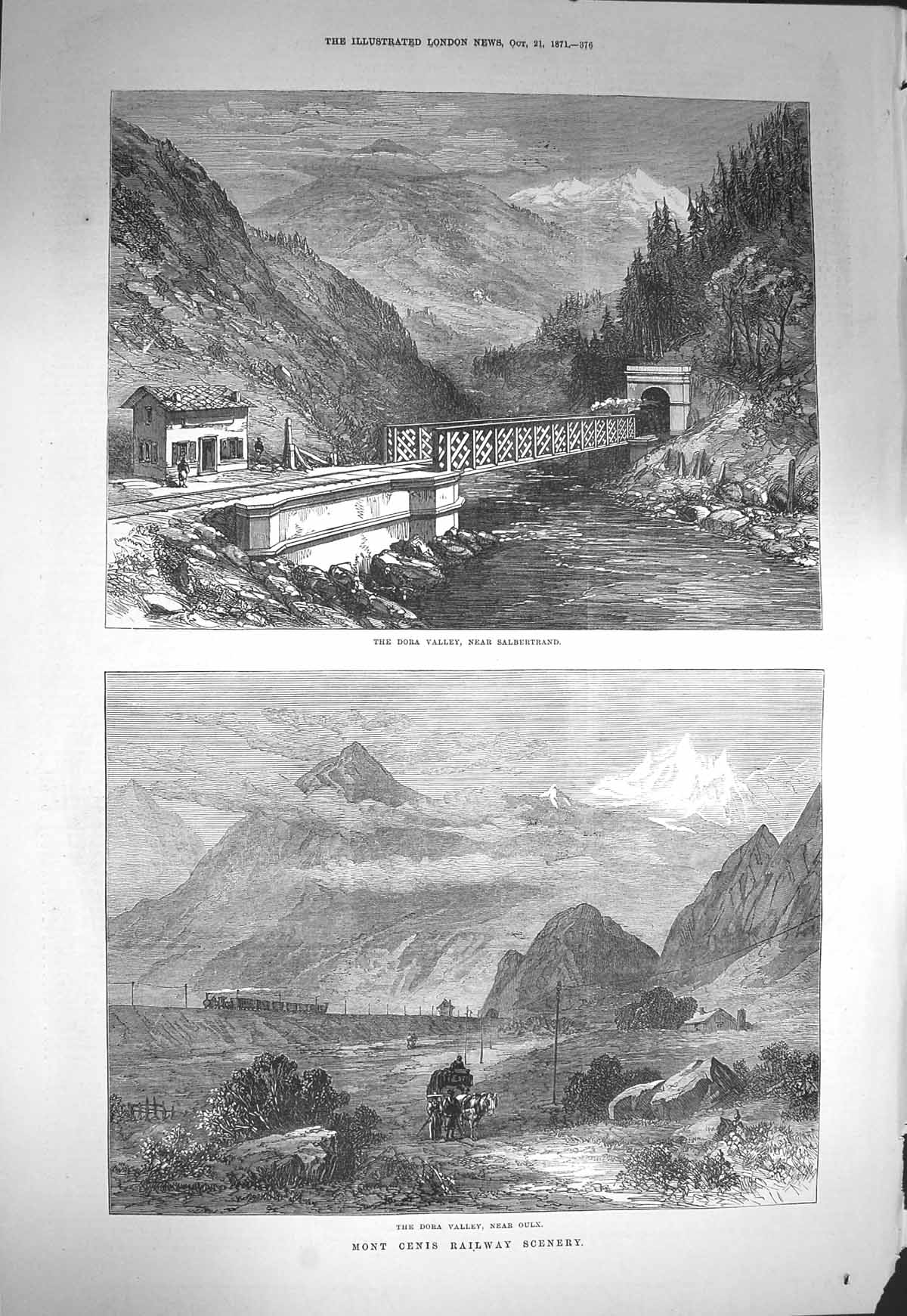 Original Old Antique Print 1871 Dora Valley Salbertrand Mont Cenis Railway Oulx