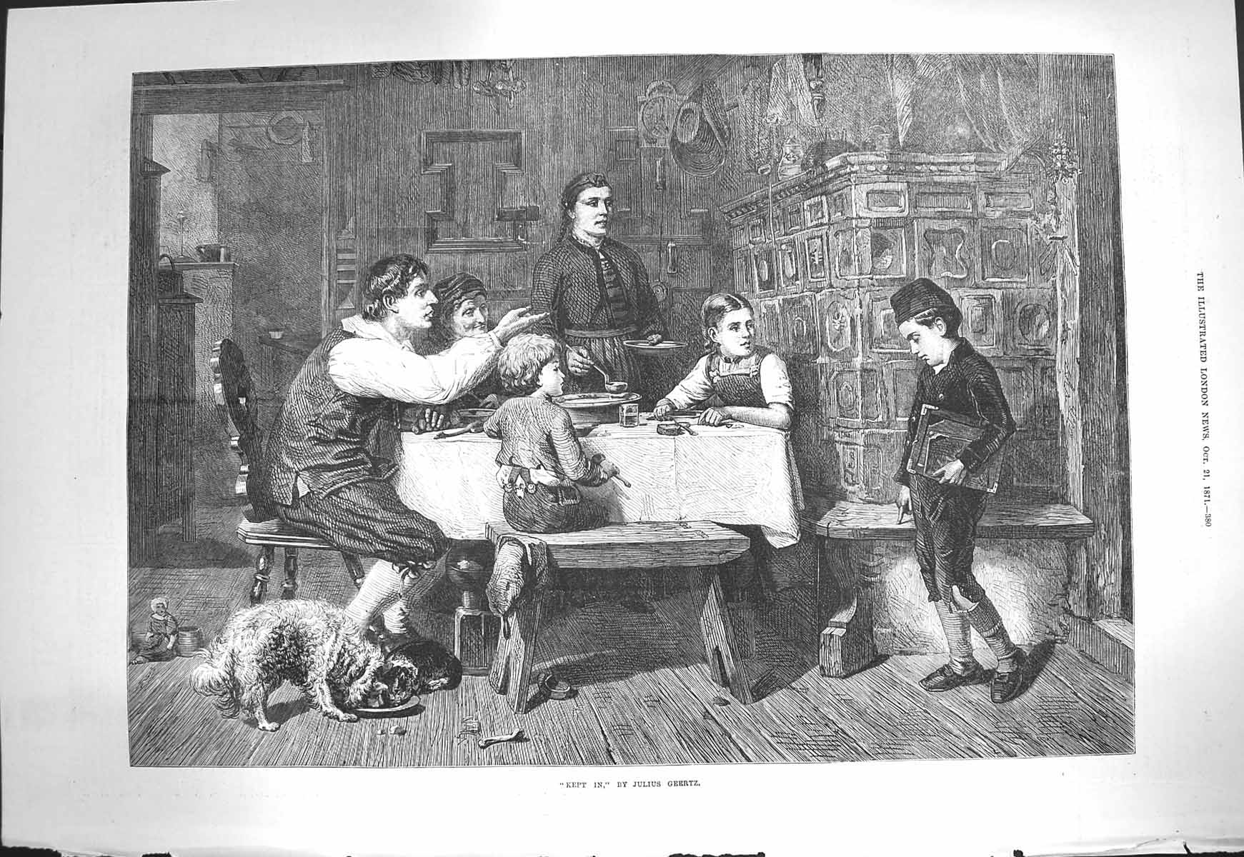 Old Antique Print 1871 Kept In School Boy Family Home Dinner Table Geertz 19th