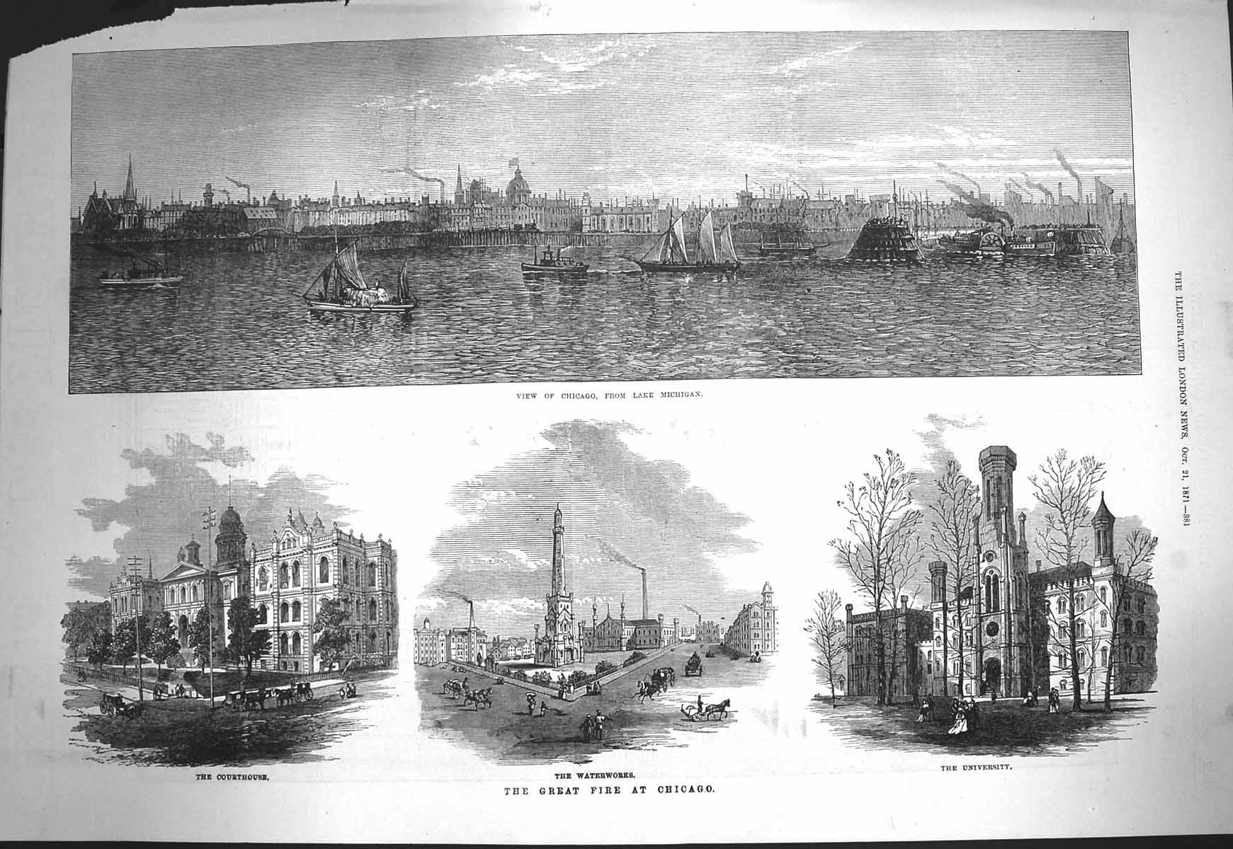 Original Old Antique Print 1871 Fire Chicago Michigan Waterworks University
