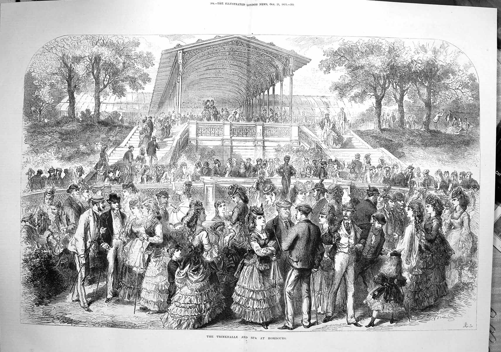 Original Old Antique Print 1871 Trinkhalle Spa Homburg Ladies MenVictorian