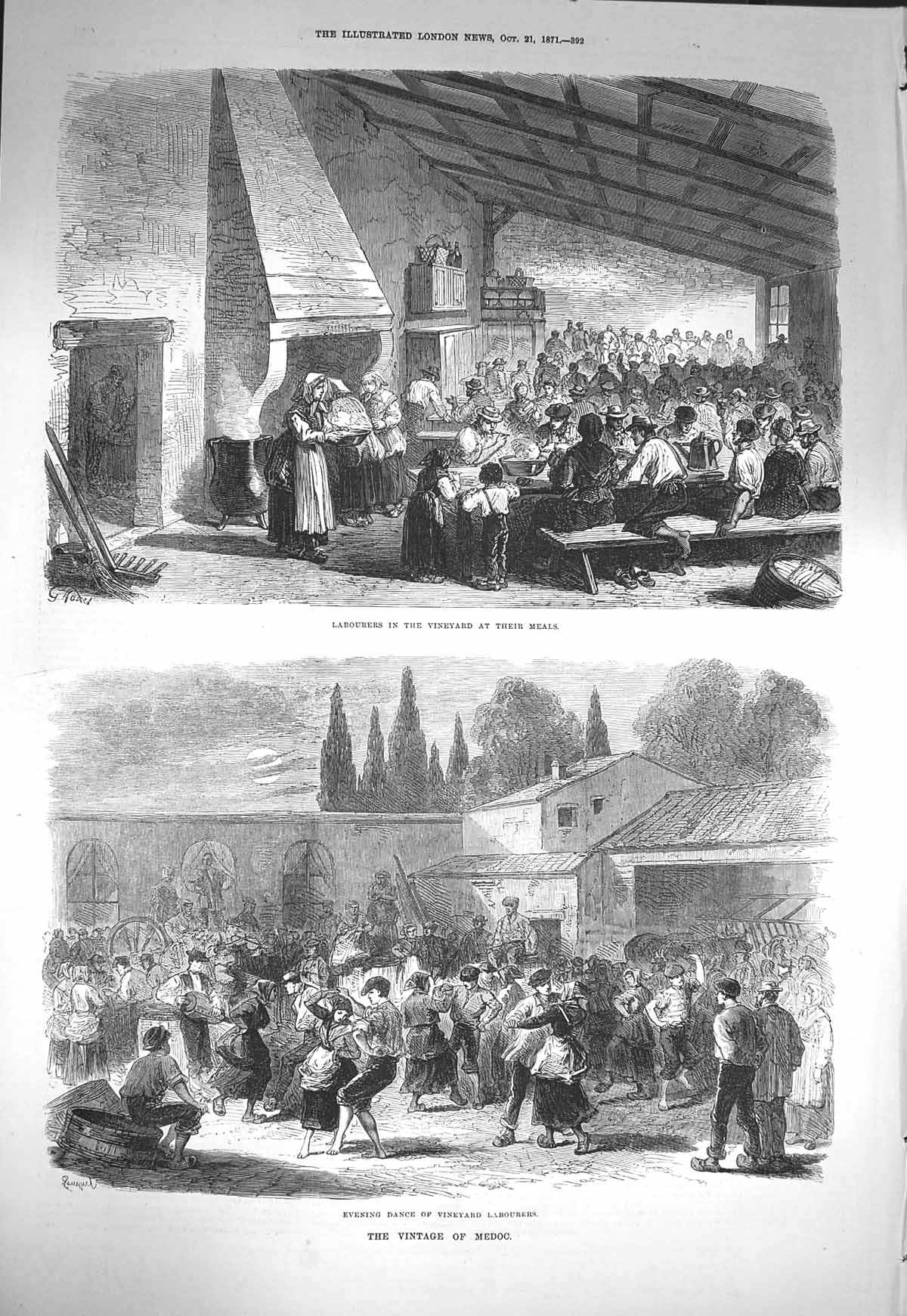 Old Antique Print 1871 Labourers Vineyard Meals Medoc Wine Evening Dance 19th