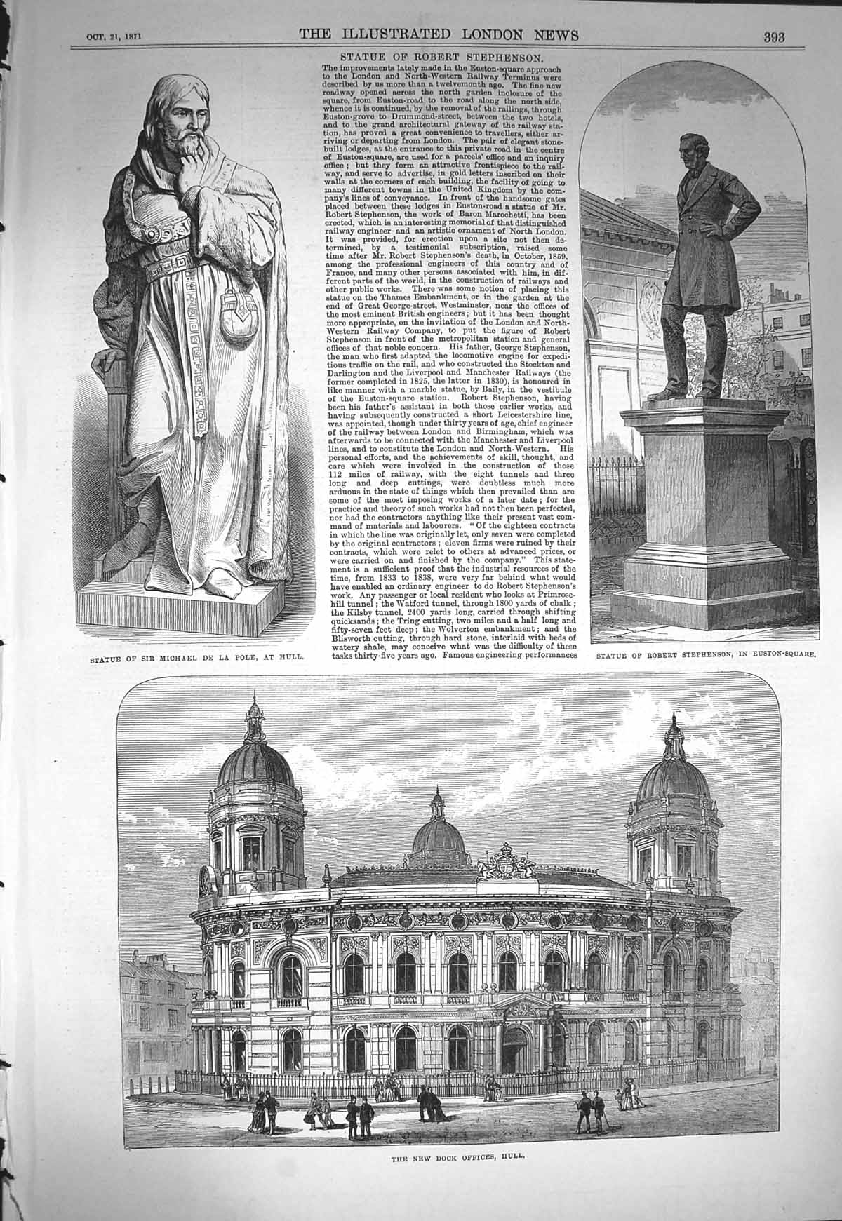 Old Antique Print 1871 Dock Offices Hull Statue Michael Pole Stephenson 19th