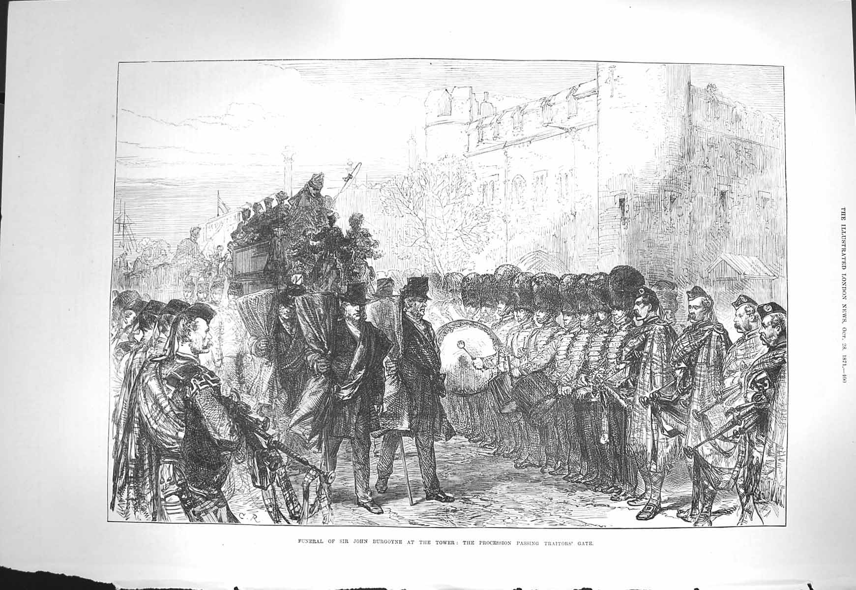 Old Antique Print 1871 Funeral John Burgoyne Tower London Traitor'S Gate 19th