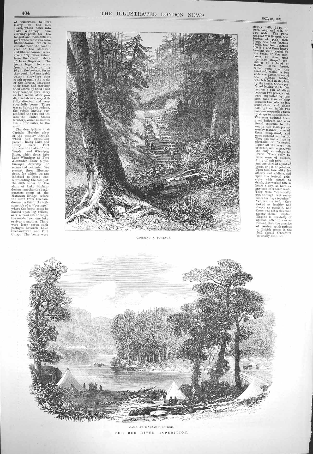 Old Antique Print 1871 Red River Expedition Camp Malawin Bridge Portage 19th