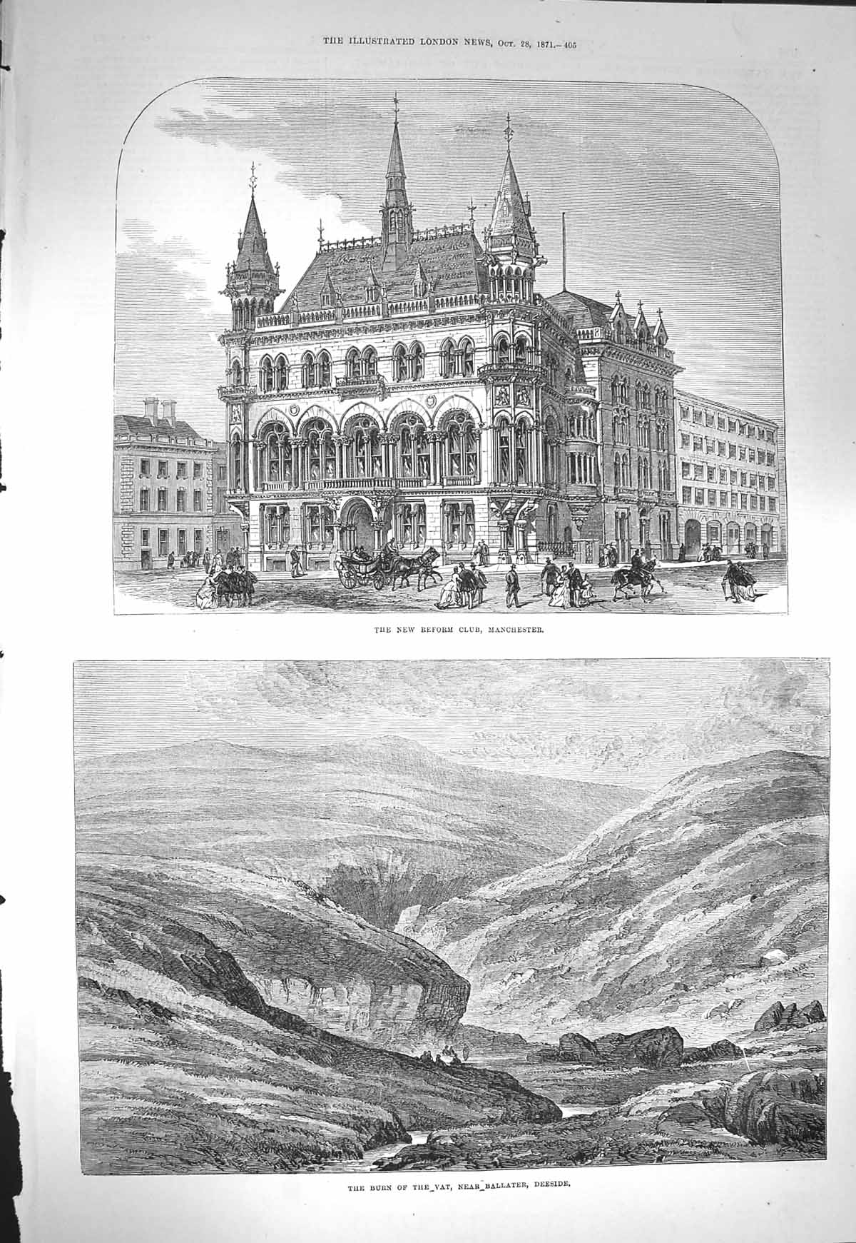 Old Antique Print 1871 Reform Club Manchester Burn Vat Ballater Deeside 19th