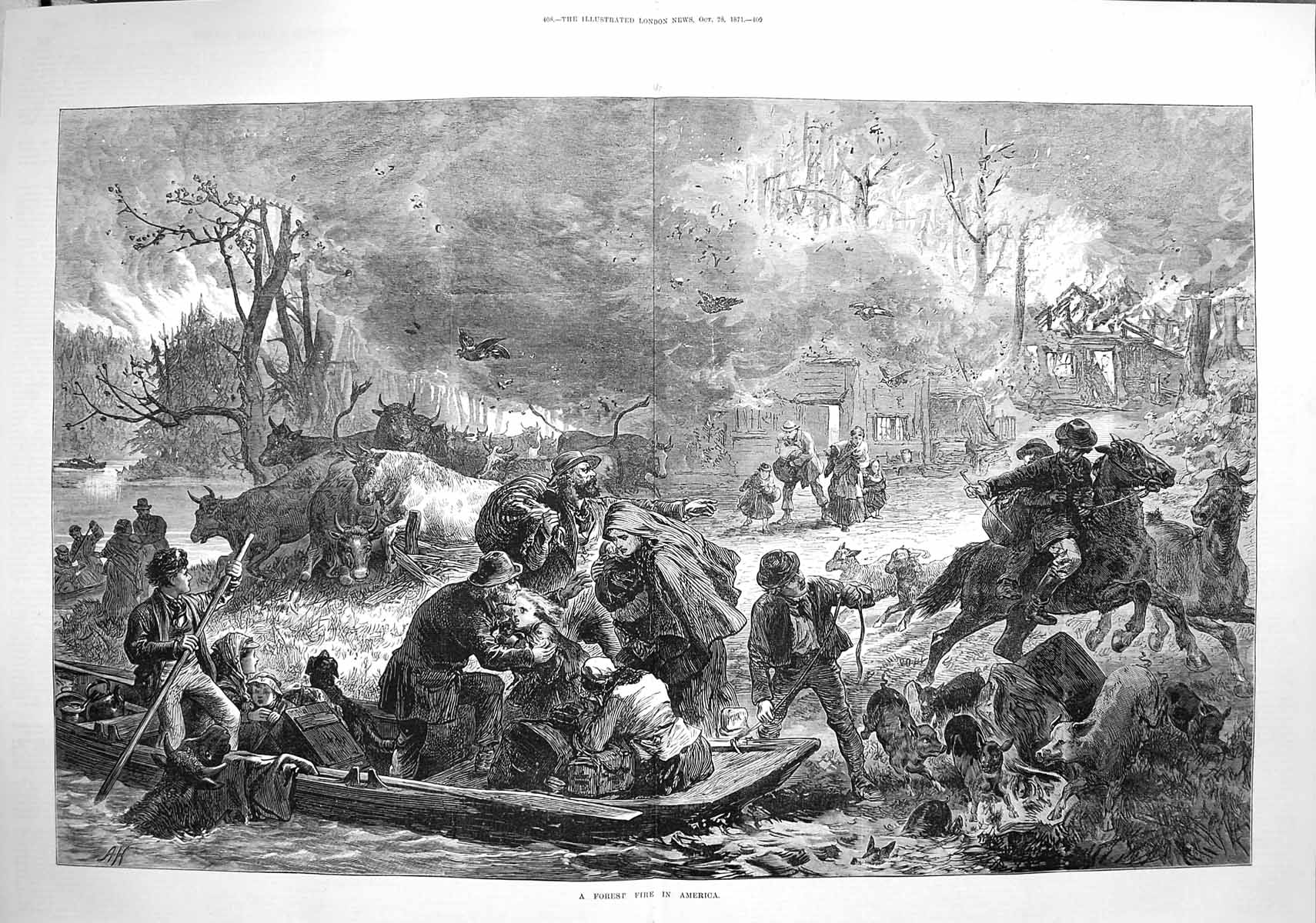 Original Old Antique Print 1871 Forest Fire America River Boat Trees Fine Art