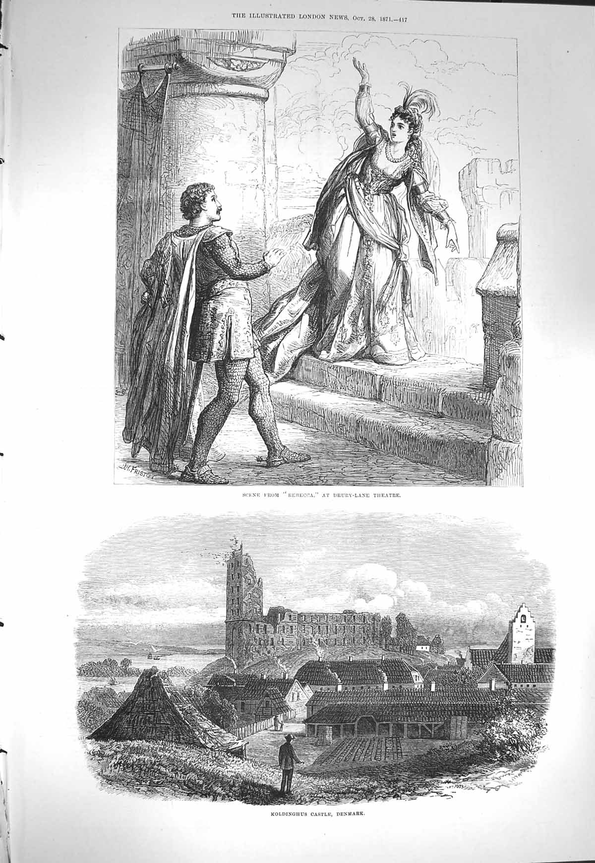 Original Old Antique Print 1871 Rebecca Drury Theatre Kinghus Castle Denmark