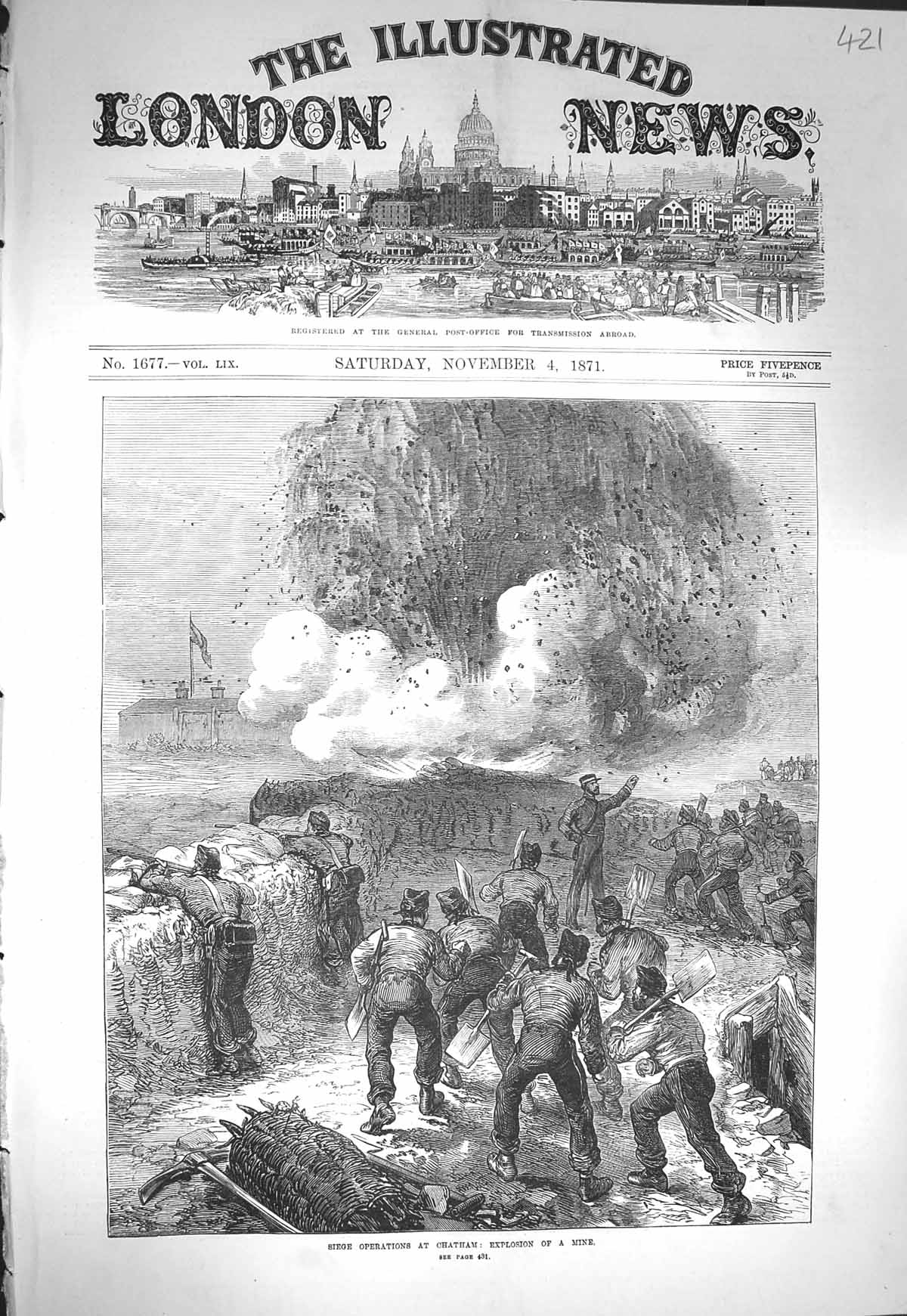 Original Old Antique Print 1871 Seige Operations Chatham Explosion Mine W 19th