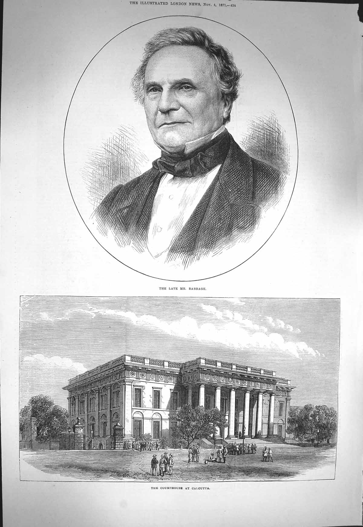 Original Old Antique Print 1871 Portrait Babbage Courthouse Calcutta India 19th