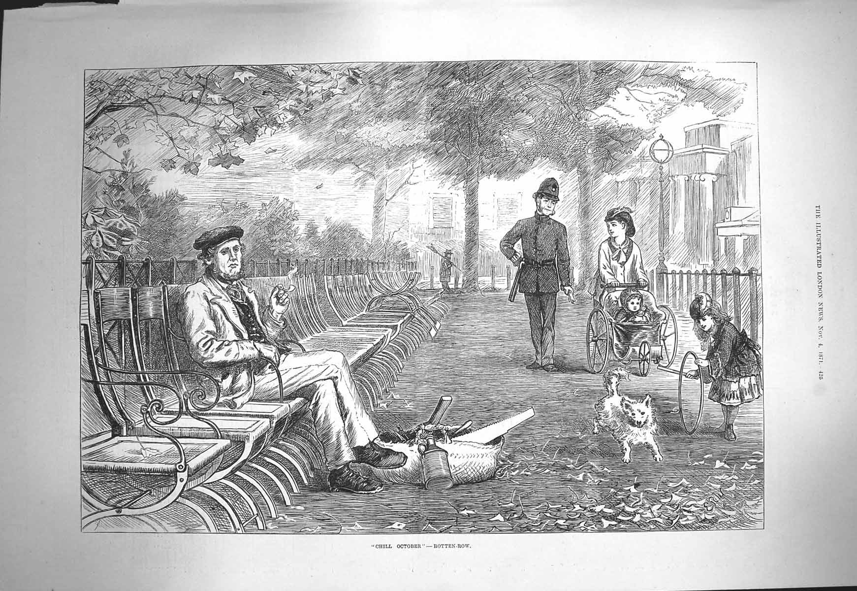 Old Antique Print 1871 Scene Rotten Row Mother Children Policeman London 19th