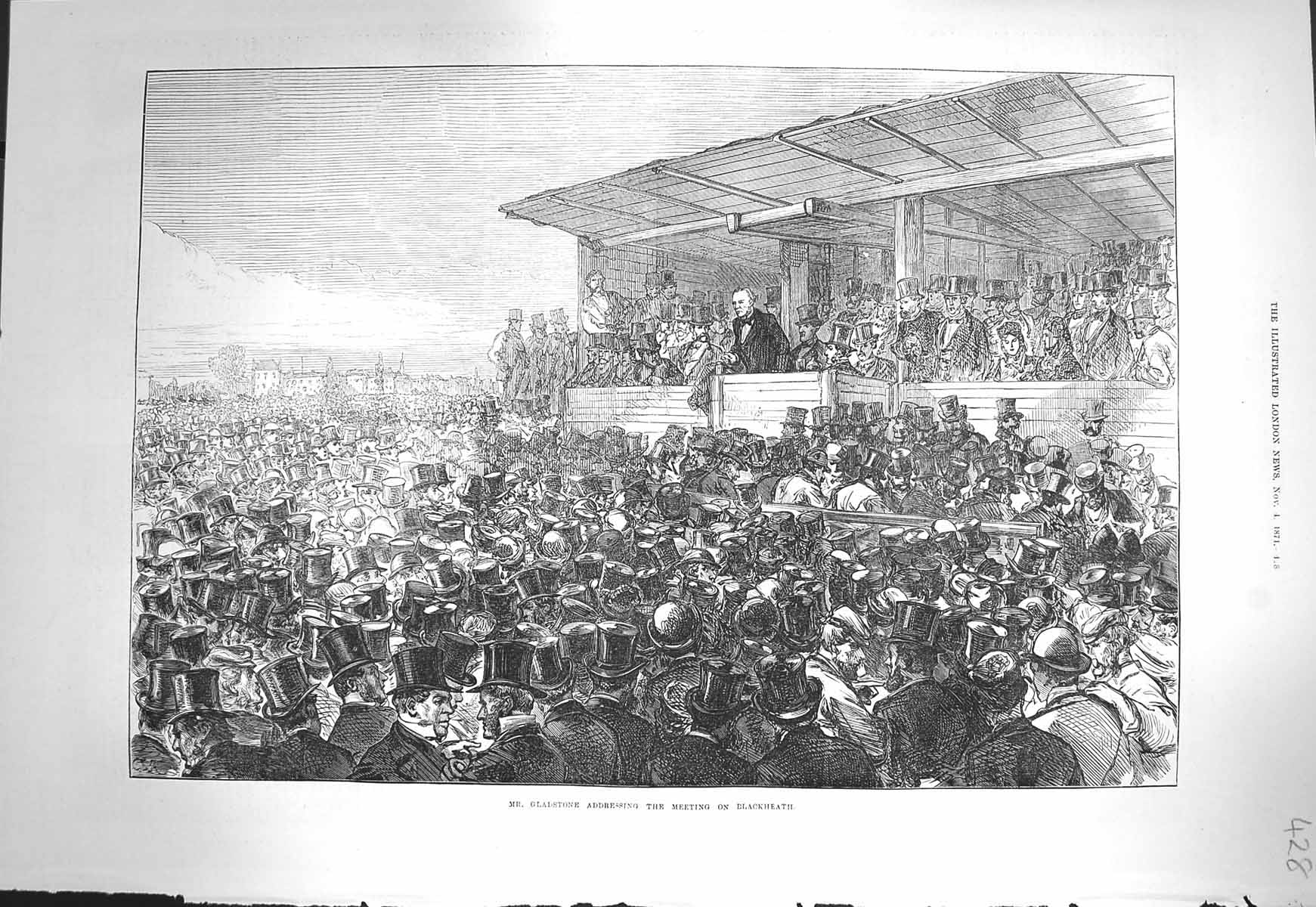 Original Old Antique Print 1871 Gladstone Addressing Meeting Blackheath 19th