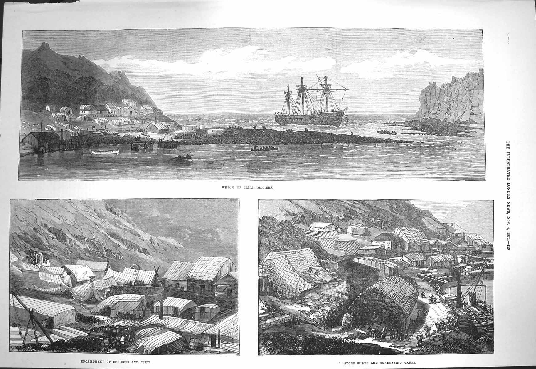 Original Old Antique Print 1871 Ship Wreck Megaera Encampment Officers Stor 19th