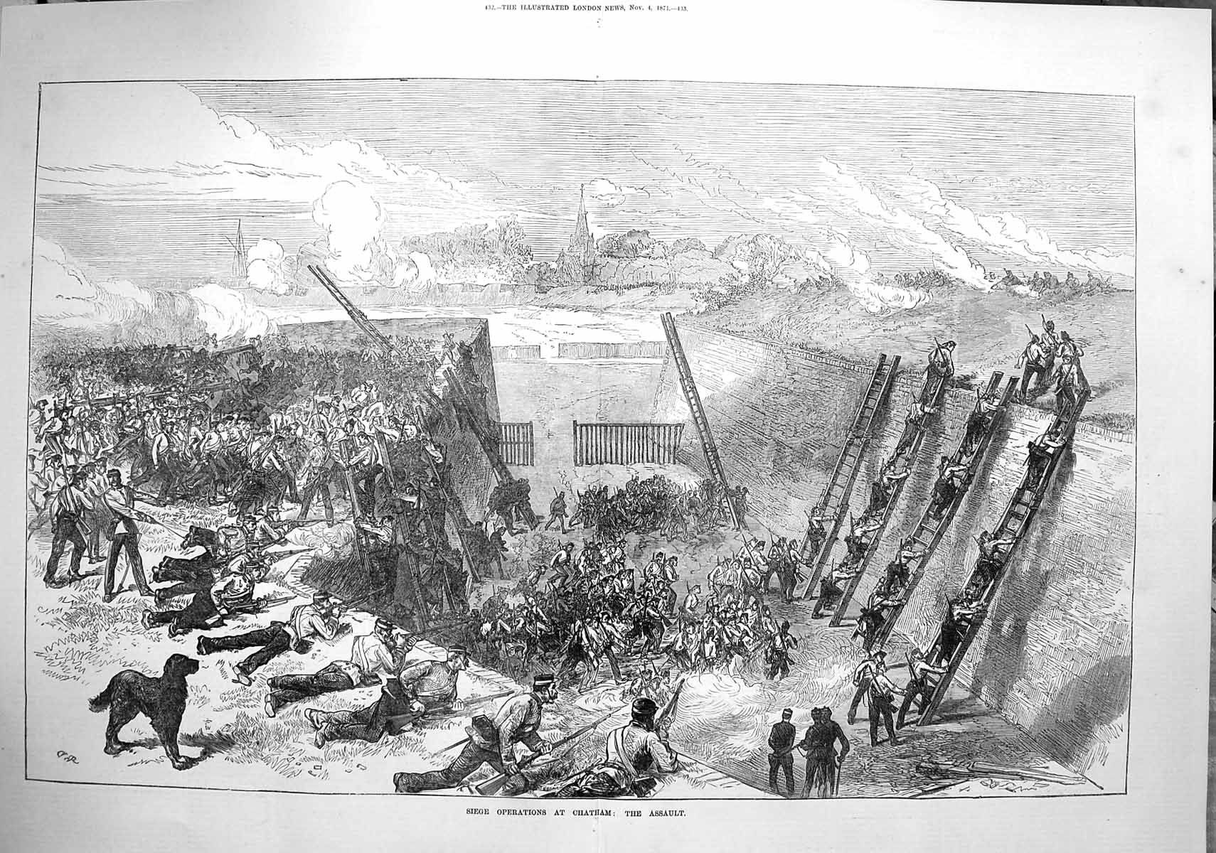 Original Old Antique Print 1871 Siege Operations Chatham Siers Assault War