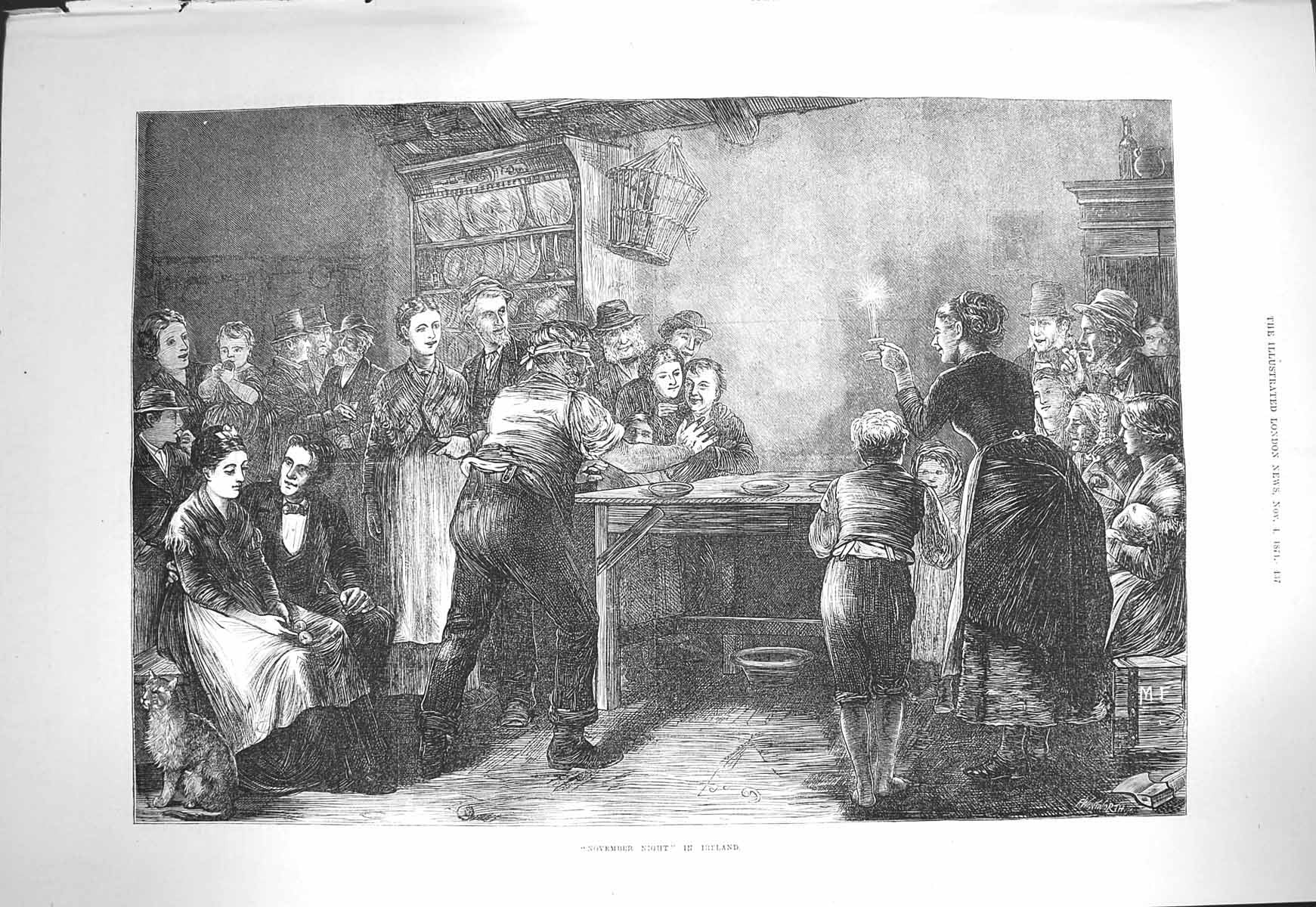 Original Old Antique Print 1871 November Night Scene Ireland Candle Ligh 19th