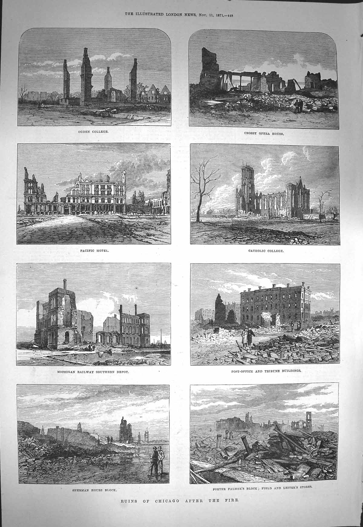 Old Antique Print 1871 Chicago Fire Ogden Crosby Opera Post Office Church 19th