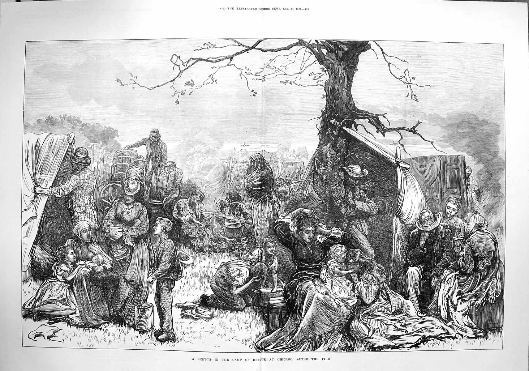 Original Old Antique Print 1871 Camp Refuge Chicago Fire Ladies Children 19th