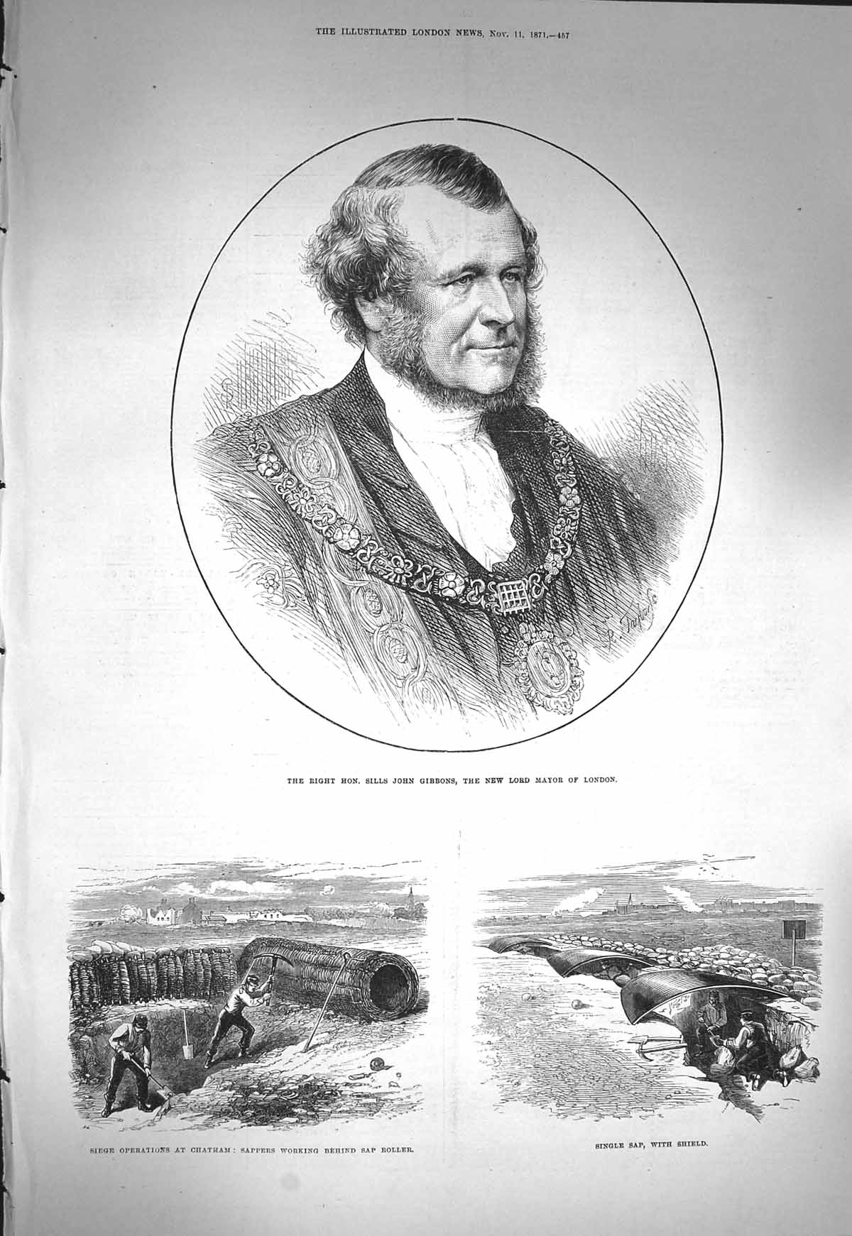 Old Antique Print 1871 Sills John Gibbons Mayor London Siege Chatham Sap 19th