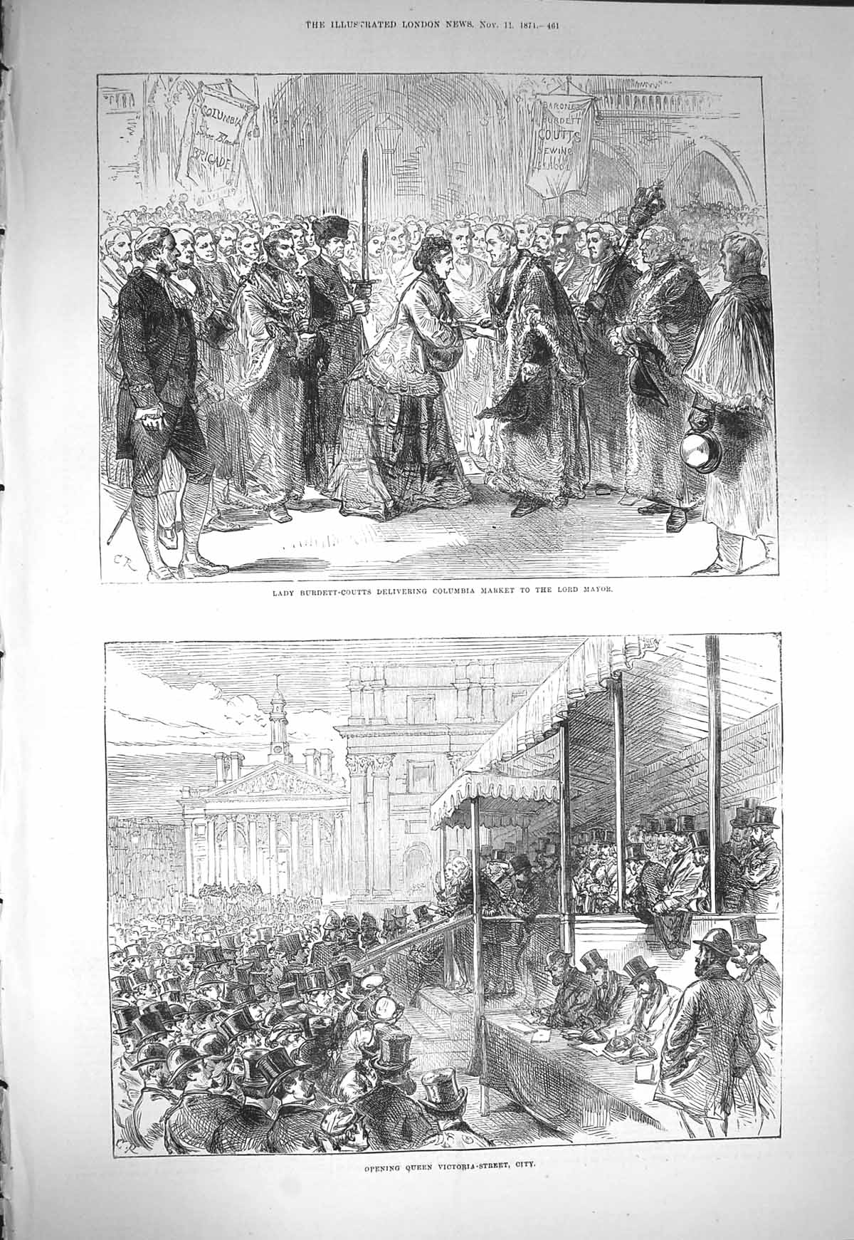 Old Antique Print 1871 Lady Burdett-Coutts Columbia Market Mayor Victoria 19th
