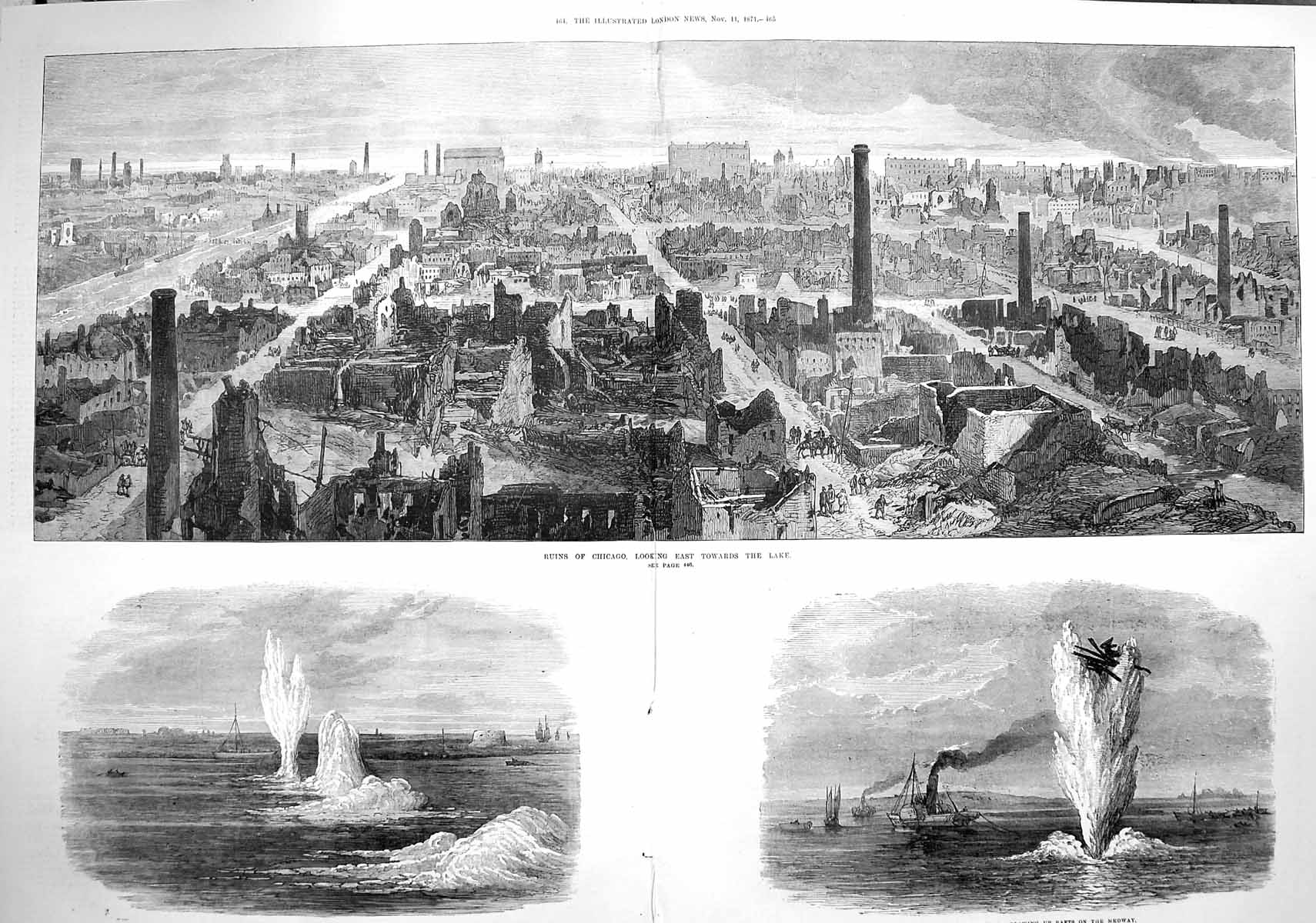 Antique Old Print 1871 Ruins Chicago Lake Chatham Siege Operations Medway 19th
