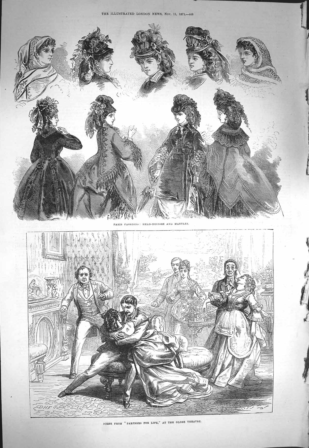 Old Antique Print 1871 Paris Fashion Head-Dresses Mantles Globe Theatre 19th