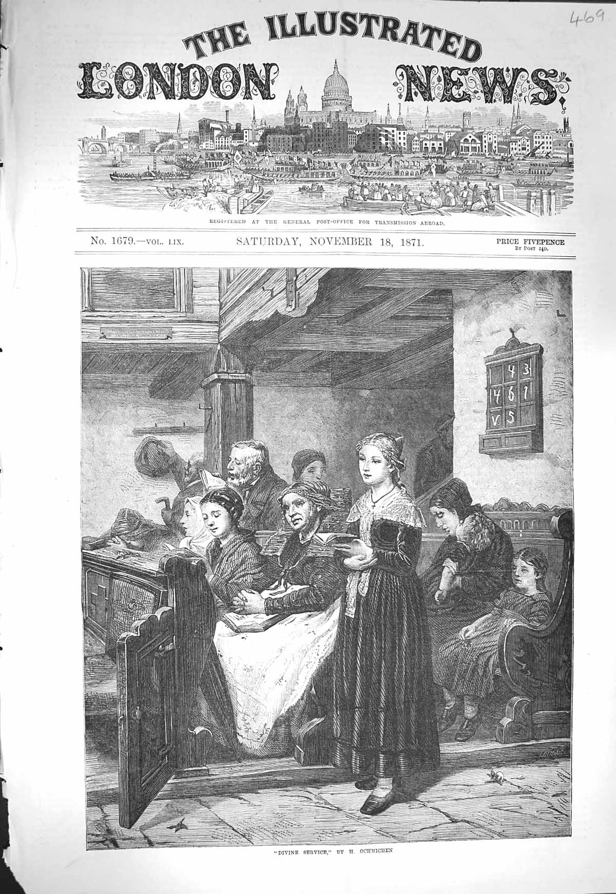 Original Old Antique Print 1871 Divine Service Church Singing Ochmichen 19th