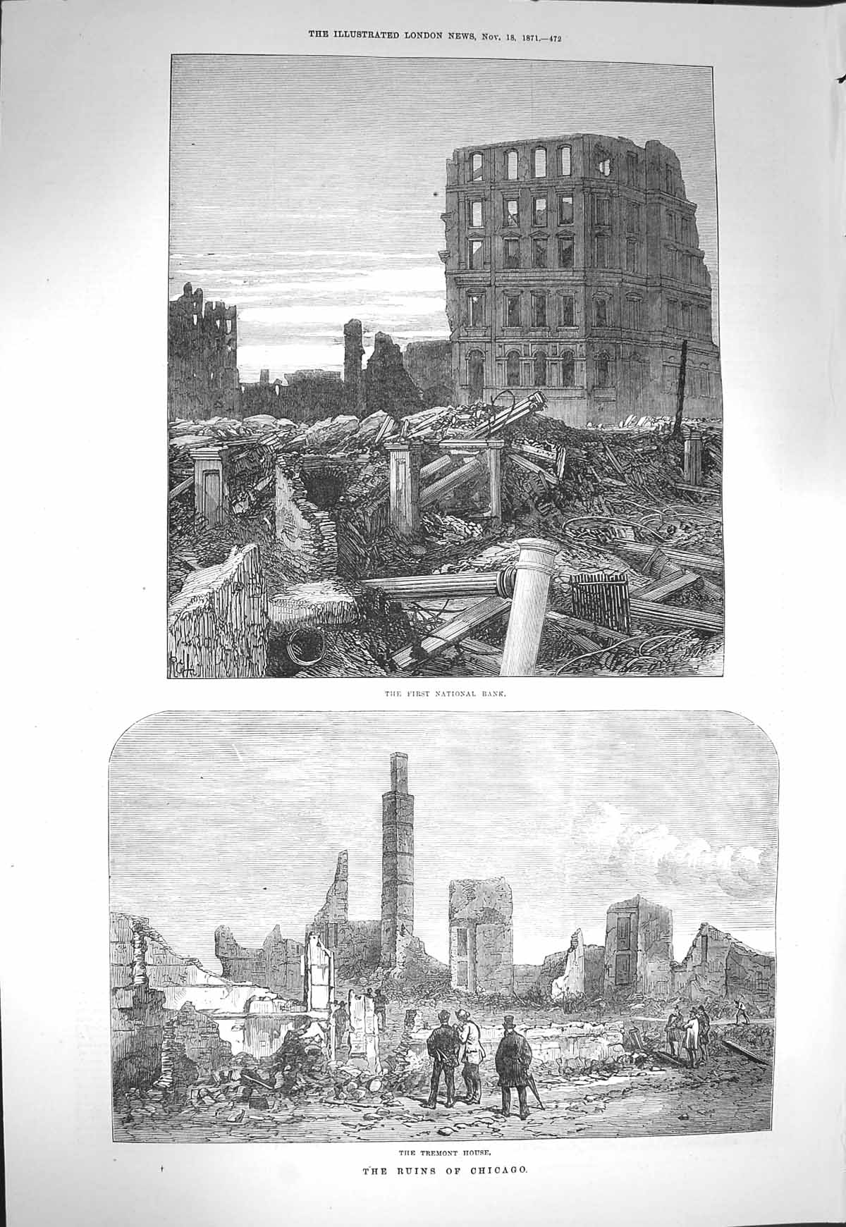 Original Old Antique Print 1871 National Bank Chicago Tremont Court Rock Custom
