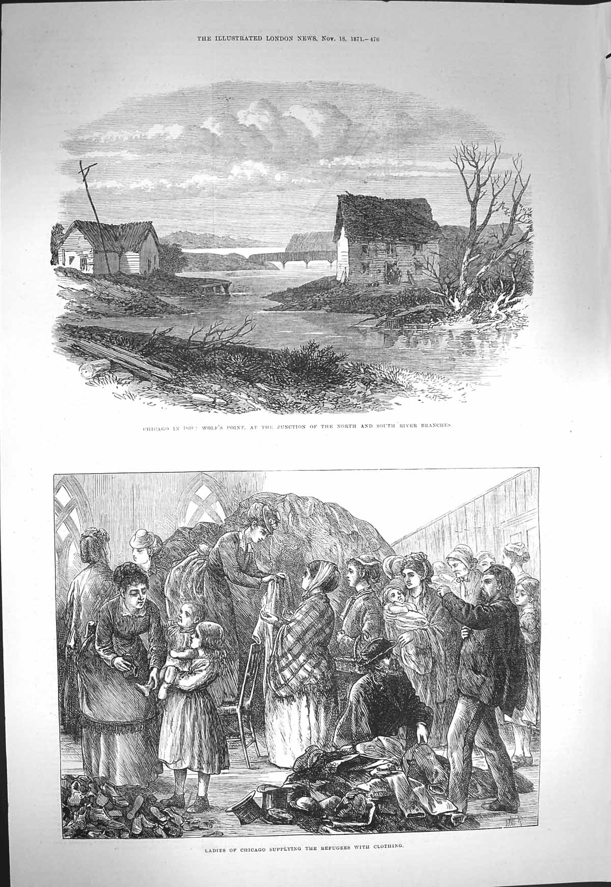 Original Old Antique Print 1871 Chicago Wolf'S Point River Refugees Clothing
