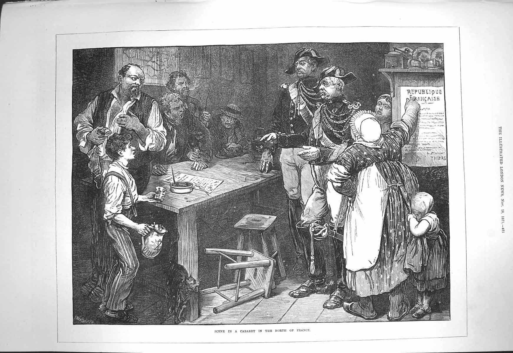 Original Old Antique Print 1871 Scene Cabaret North France Siers Fine Art 19th