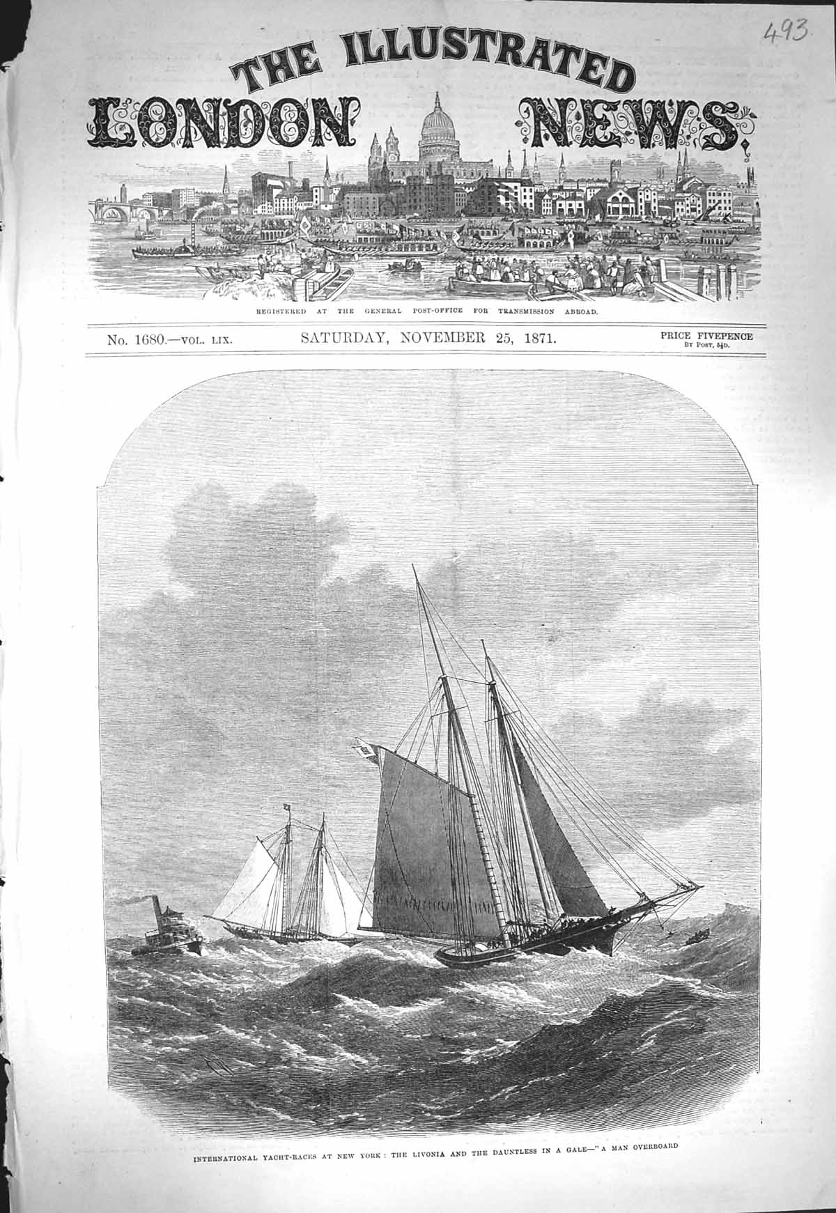Original Old Antique Print 1871 Yacht Races New York Livonia Dauntless Sport