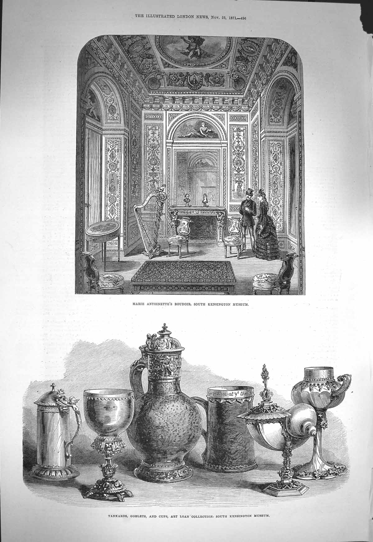 Old Antique Print 1871 Marie Antoinette Boudoir Kensington Tankards Cups 19th