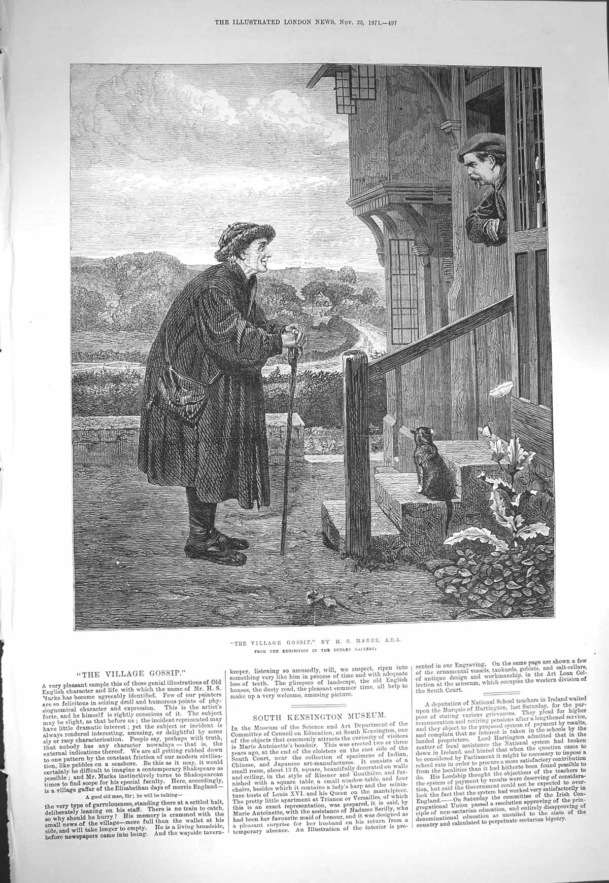 Original Old Antique Print 1871 Village Gossip Man House Cat Marks Fine Art