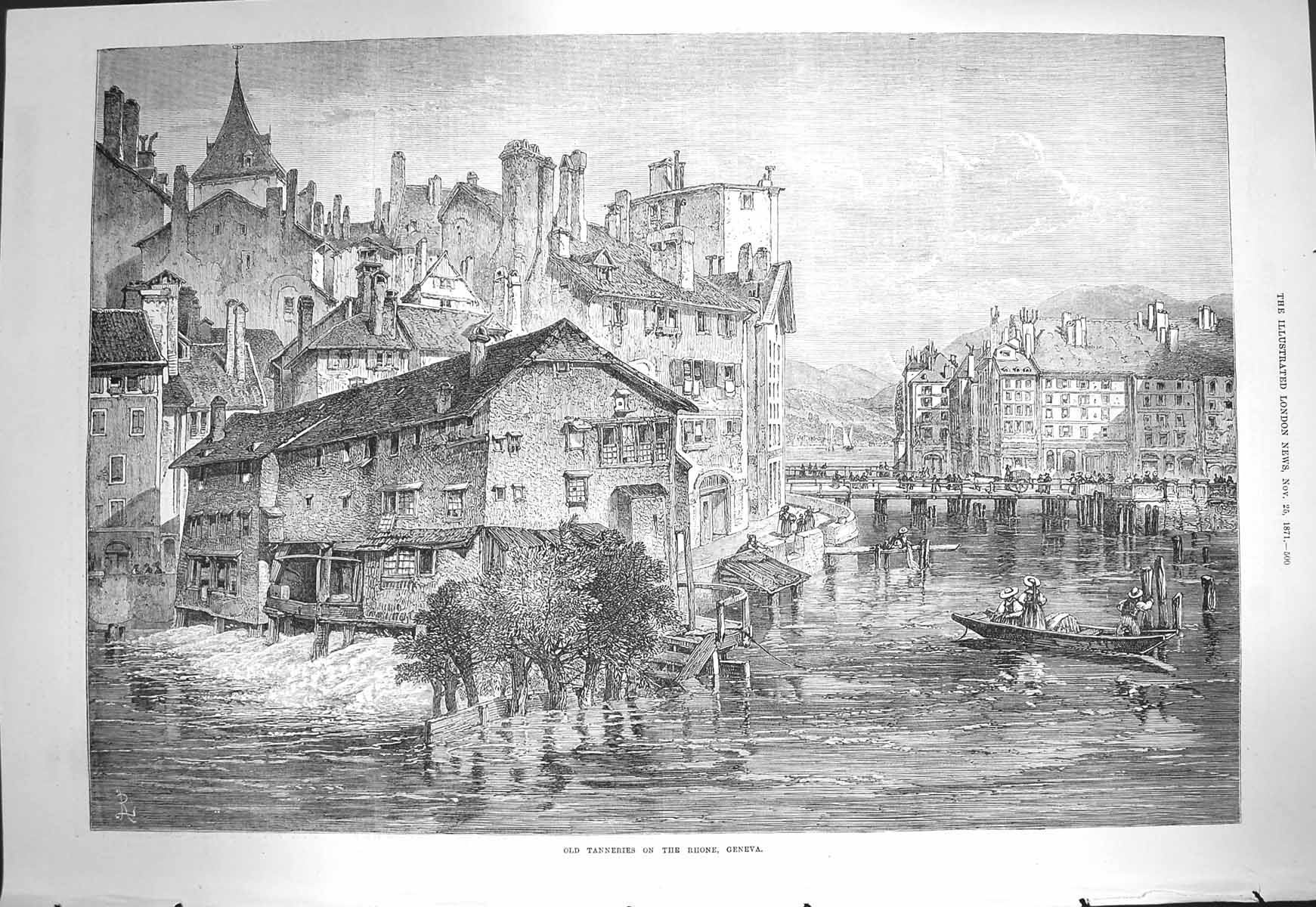Original Old Antique Print 1871 Tanneries Rhone River Geneva Architecture 19th