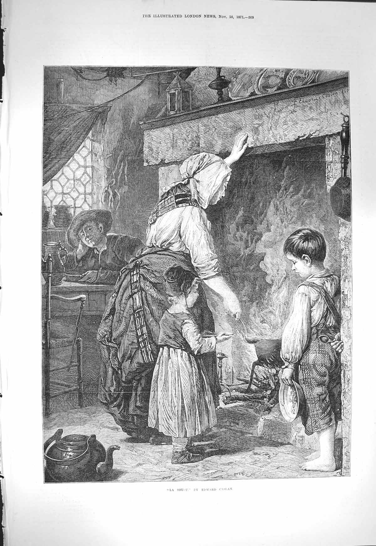 Old Antique Print 1871 La Soupe Children Mother House Fire Edward Caslan 19th