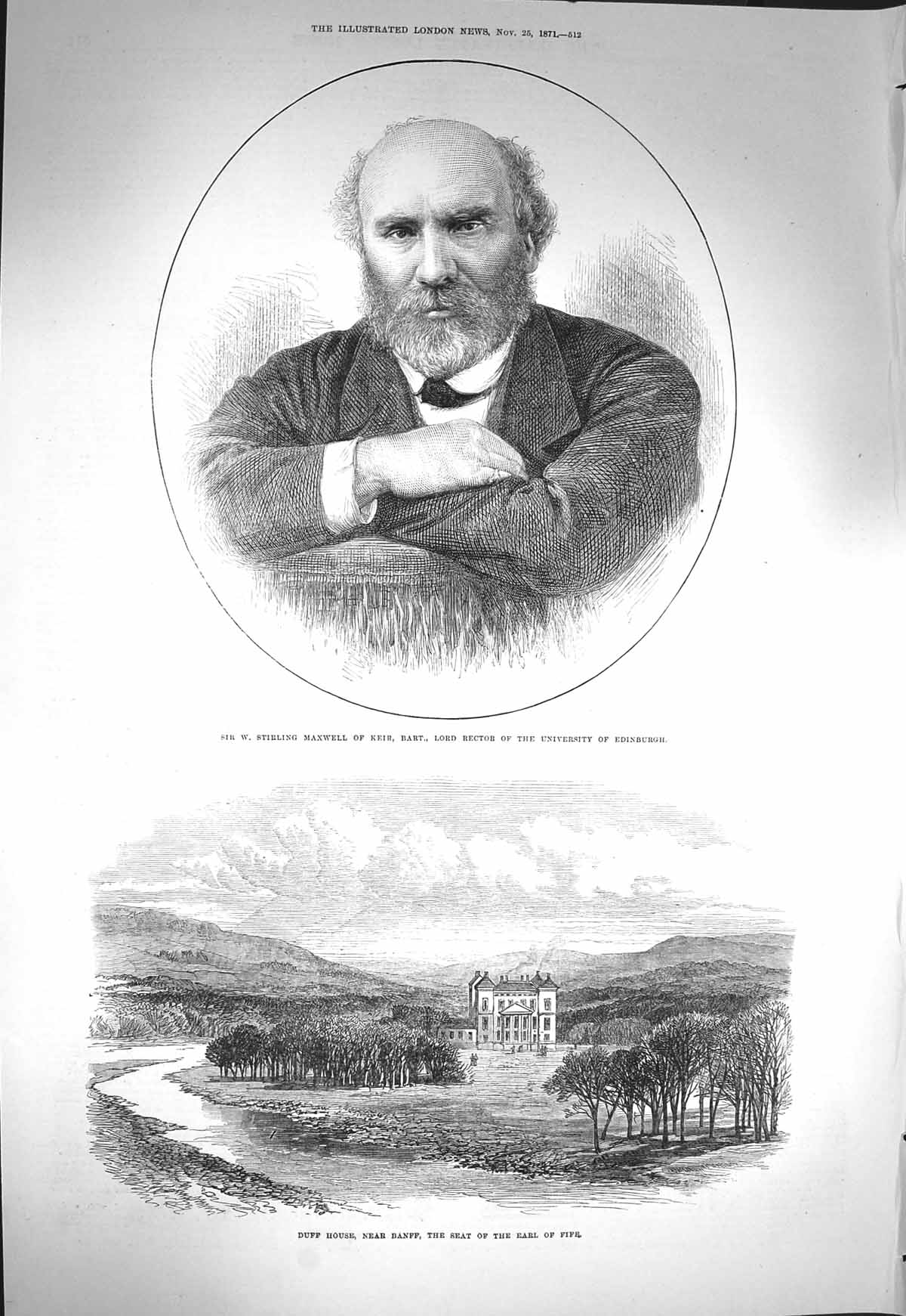 Original Old Antique Print 1871 Sirling Maxwell Keir Edinburgh Duff House Banff