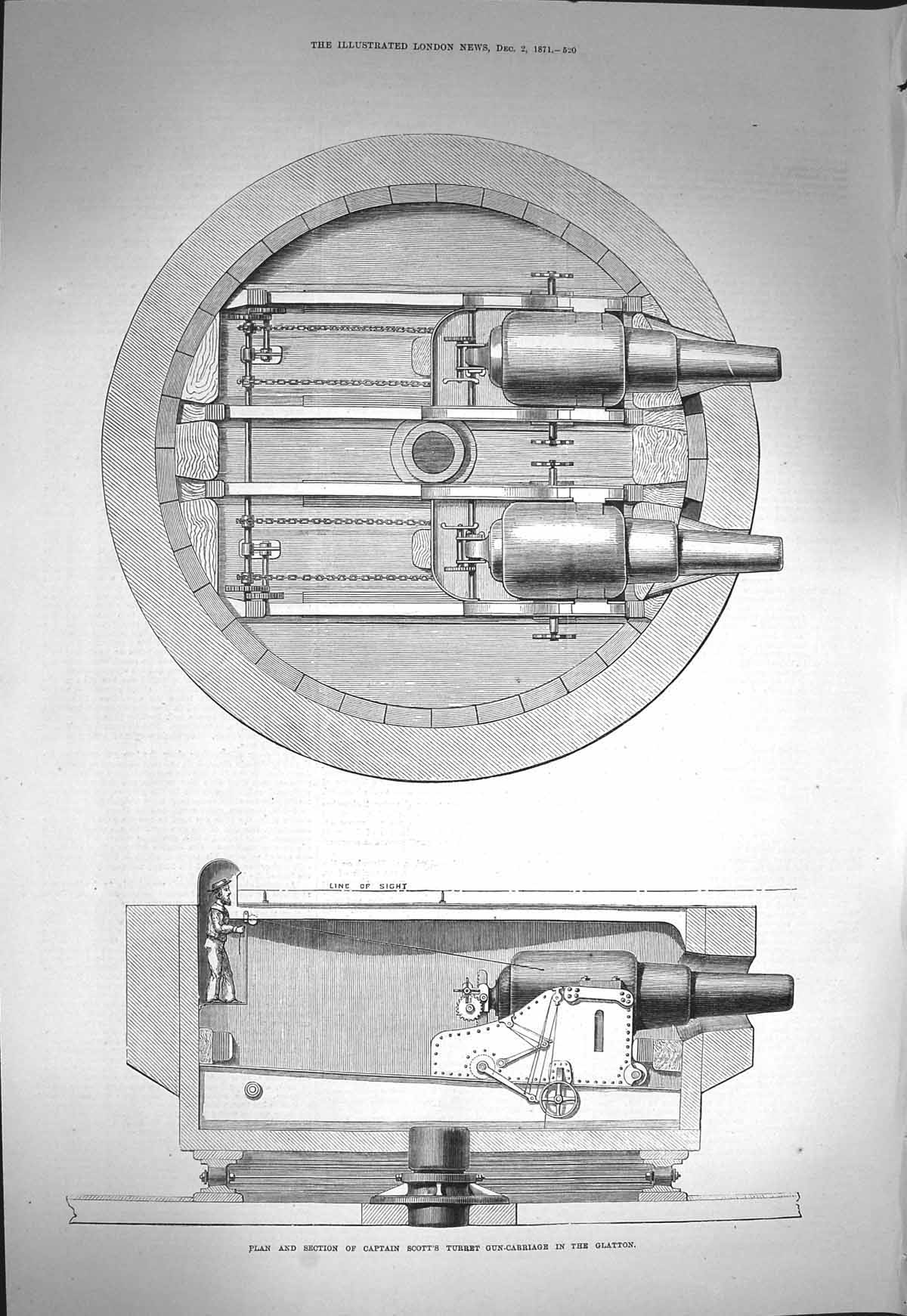 Original Old Antique Print 1871 Captain Scott Turret Gun-Carriage Glatton Ship
