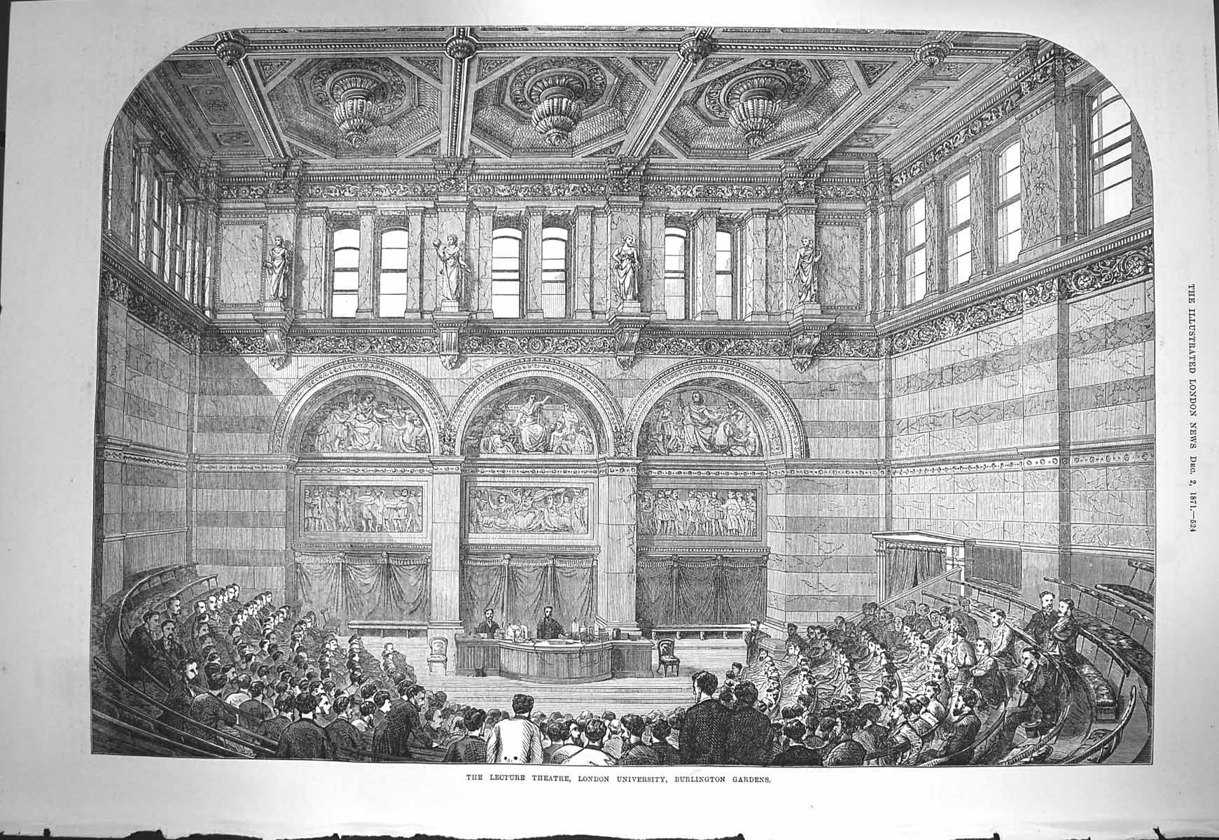 Original Old Antique Print 1871 Lecture Theatre London University Bur Victorian