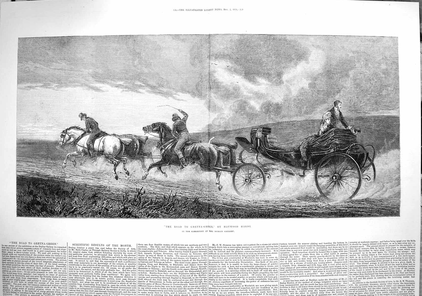 Original Old Antique Print 1871 Road Gretna Green Romance Horses Coach Hardy