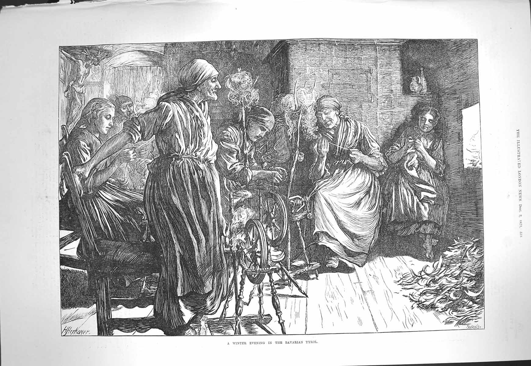 Original Old Antique Print 1871 Winter Evening Bavarian Tyrol Spinning Whe 19th