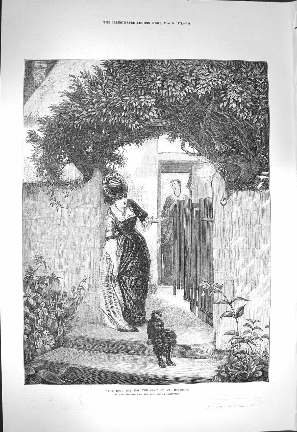 Original Old Antique Print 1871 Holyoake Fine Art Lady House Gate Puppy Dog