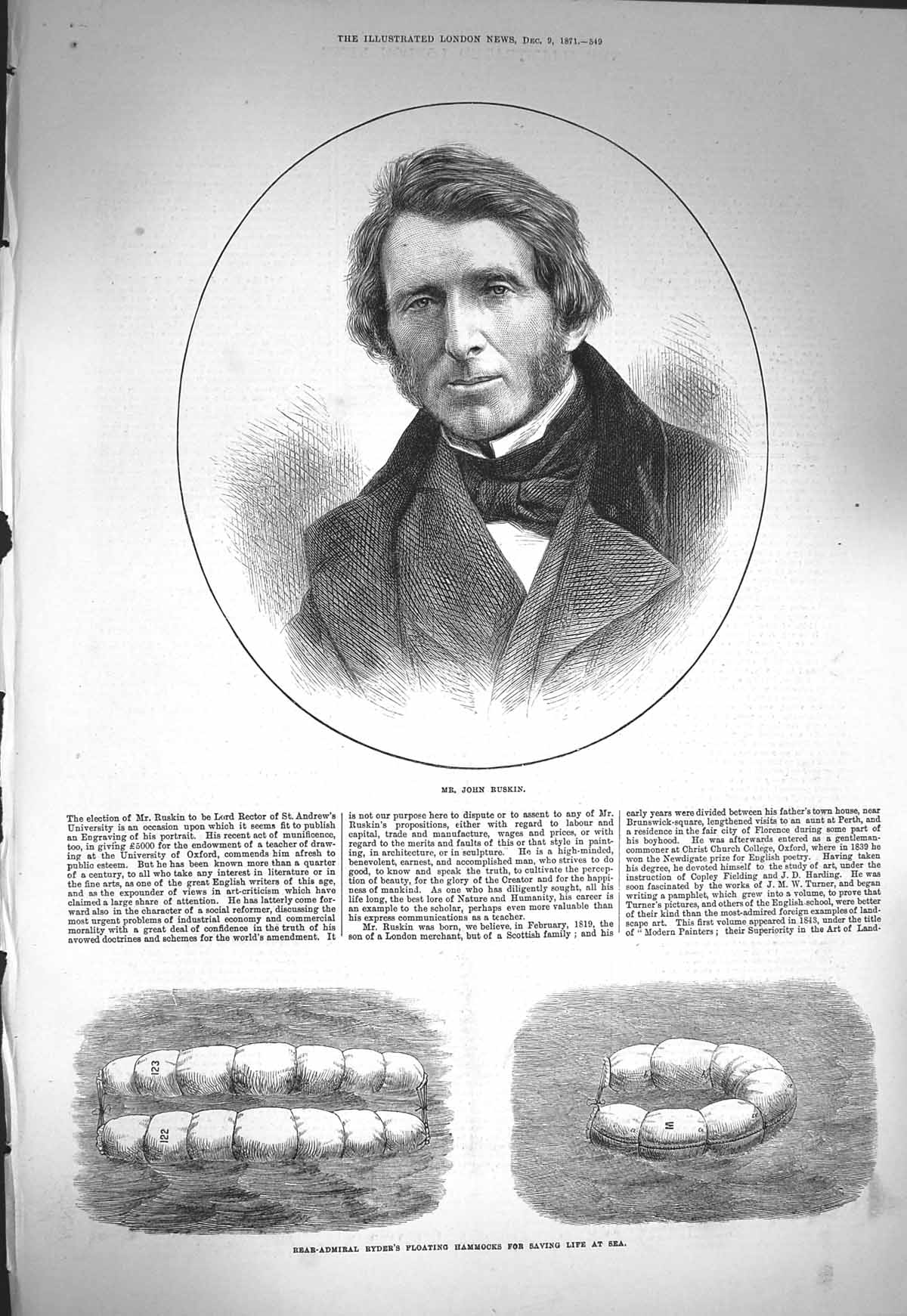 Old Antique Print 1871 John Ruskin Rear-Admiral Ryder Floating Hammocks 19th
