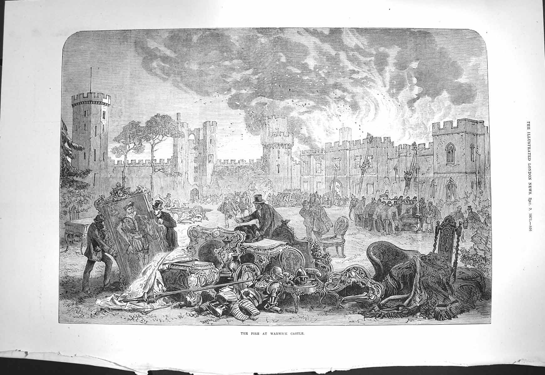Original Old Antique Print 1871 Fire Warwick Castle Architecture Fine Art 19th