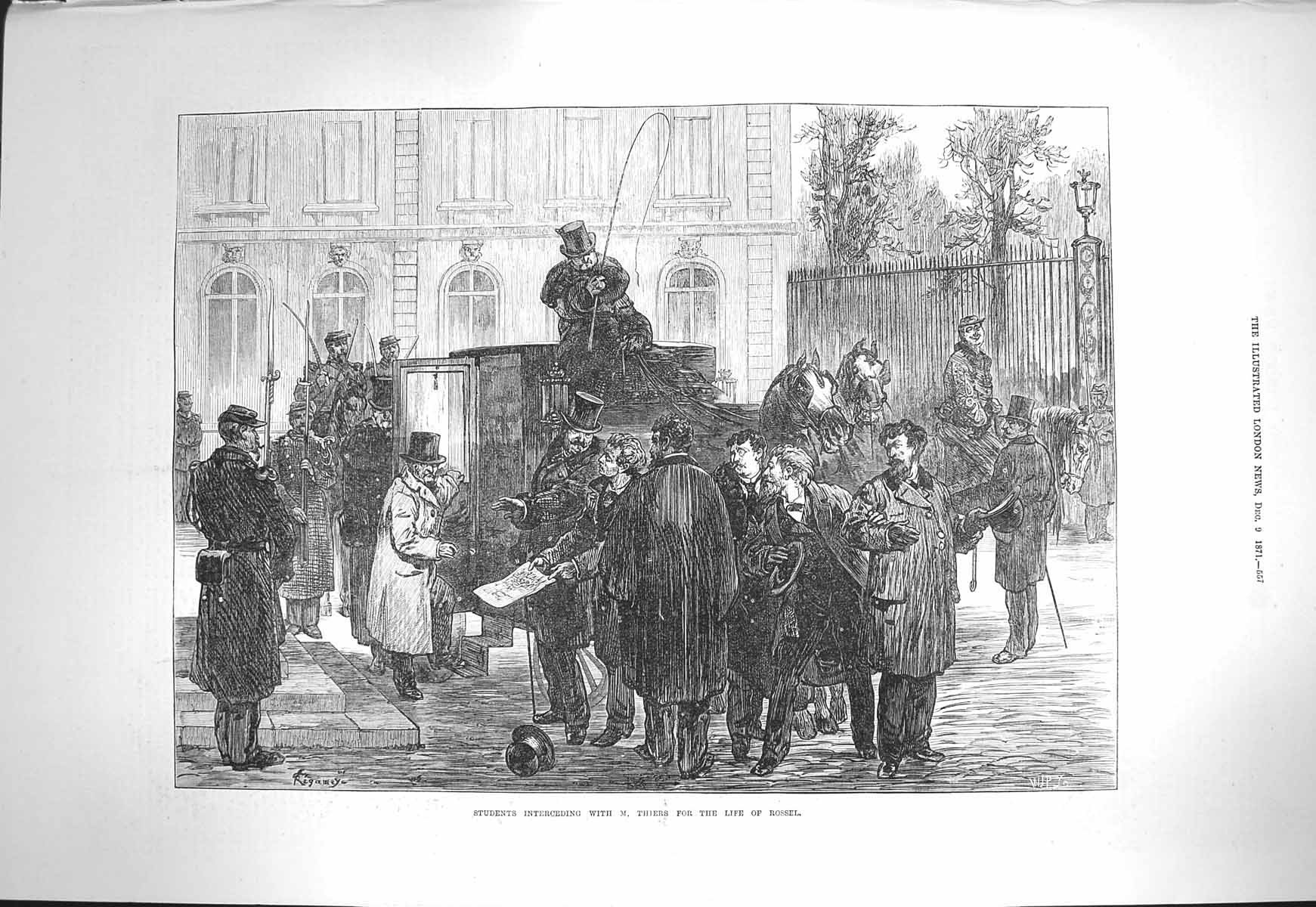 Original Old Antique Print 1871 Students Interceding Thiers Life Rossel Coach