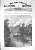 Original Old Antique Print 1871 Burning Warwick Castle Fire Trees Moat F 19th